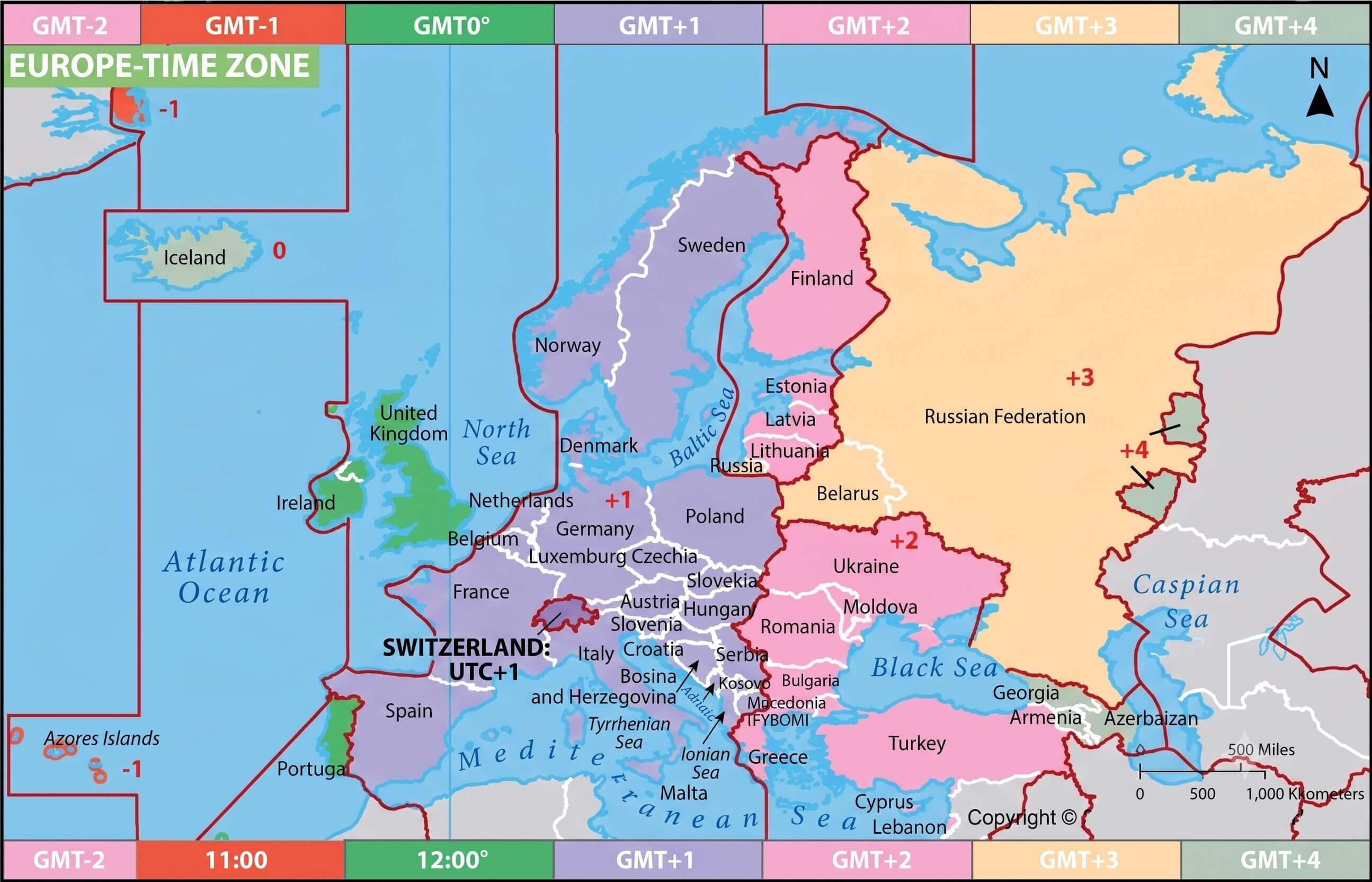 Europe time zones map with Switzerland