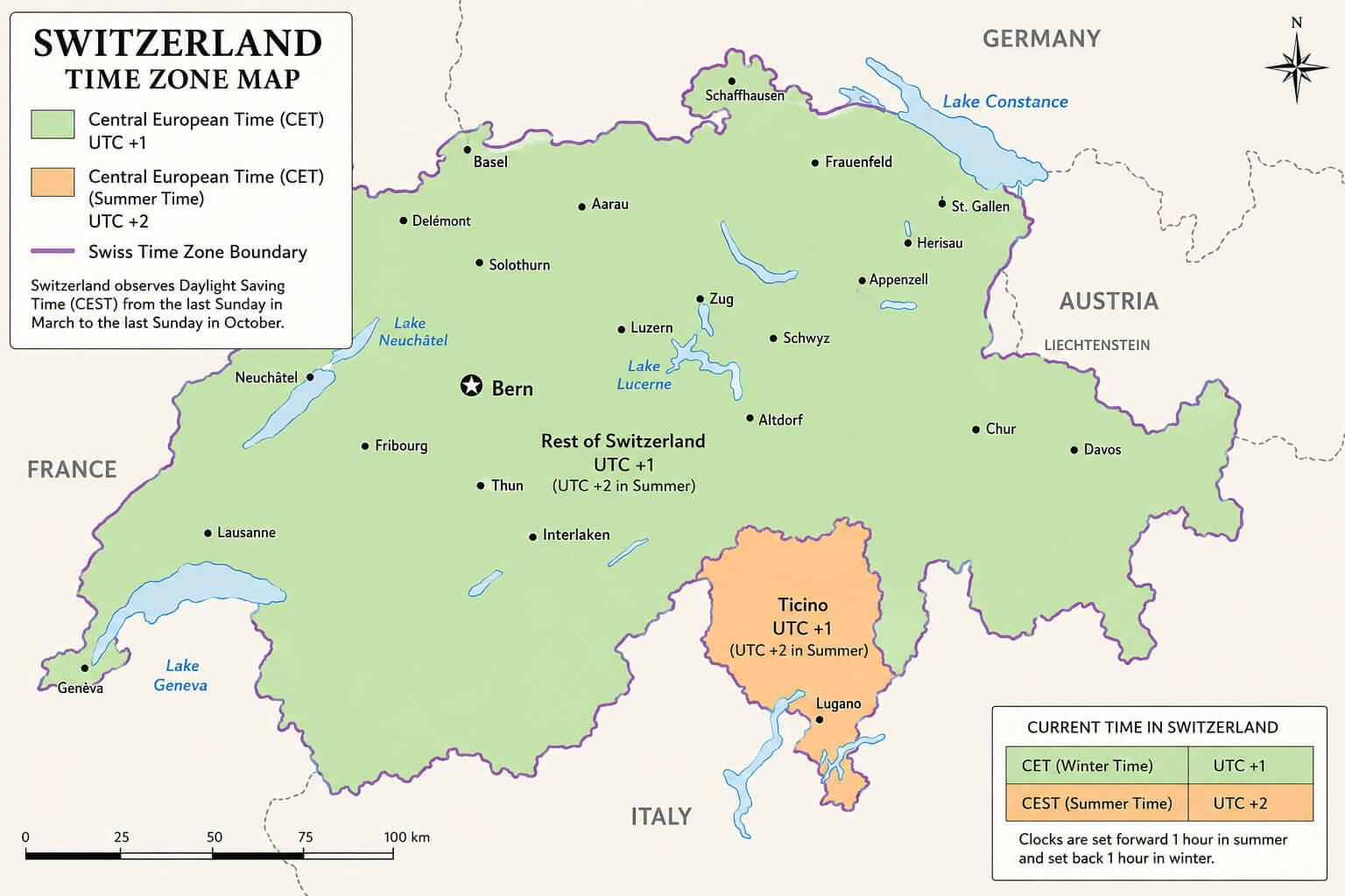 Switzerland Central European time map