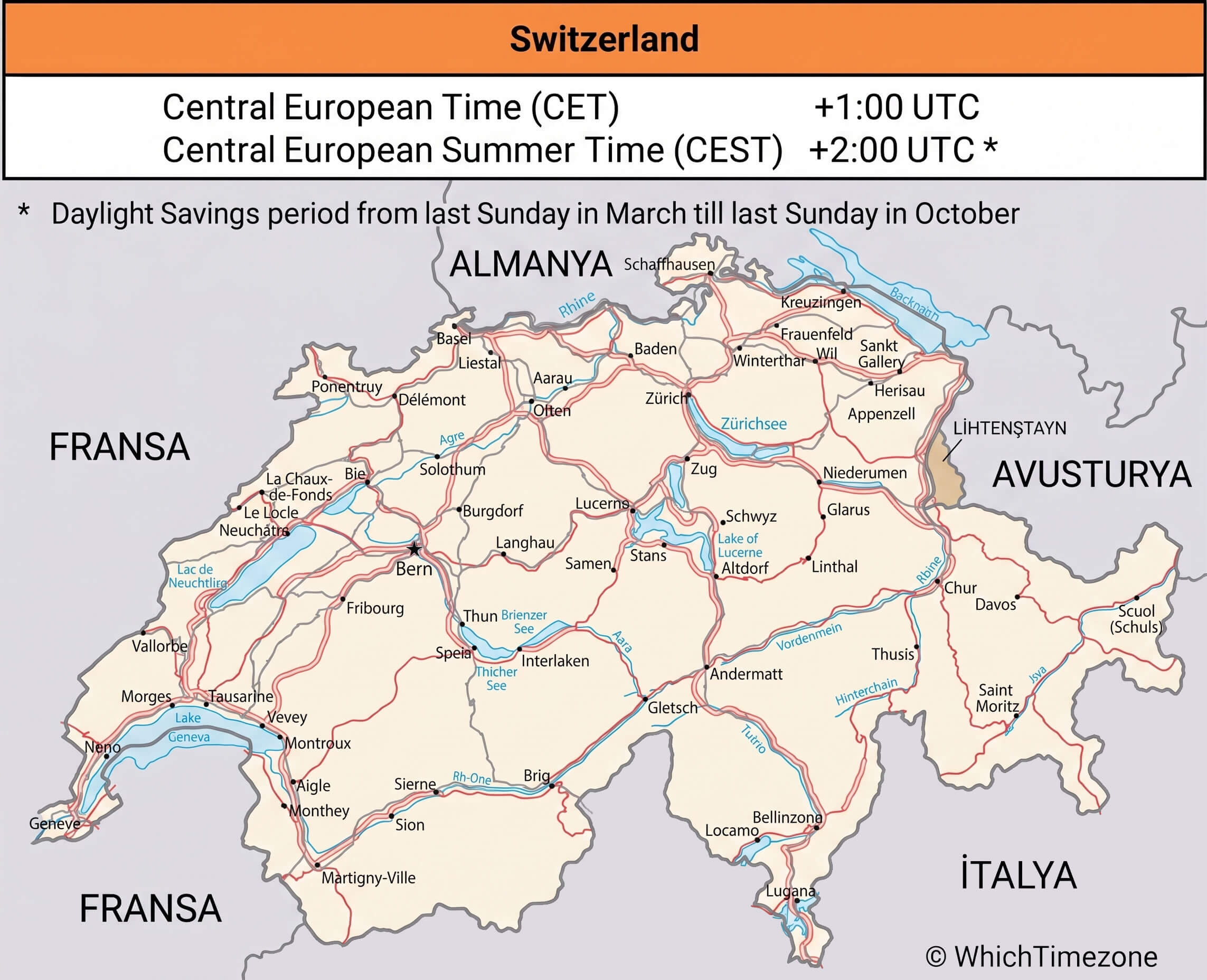Switzerland CET cest time zone map