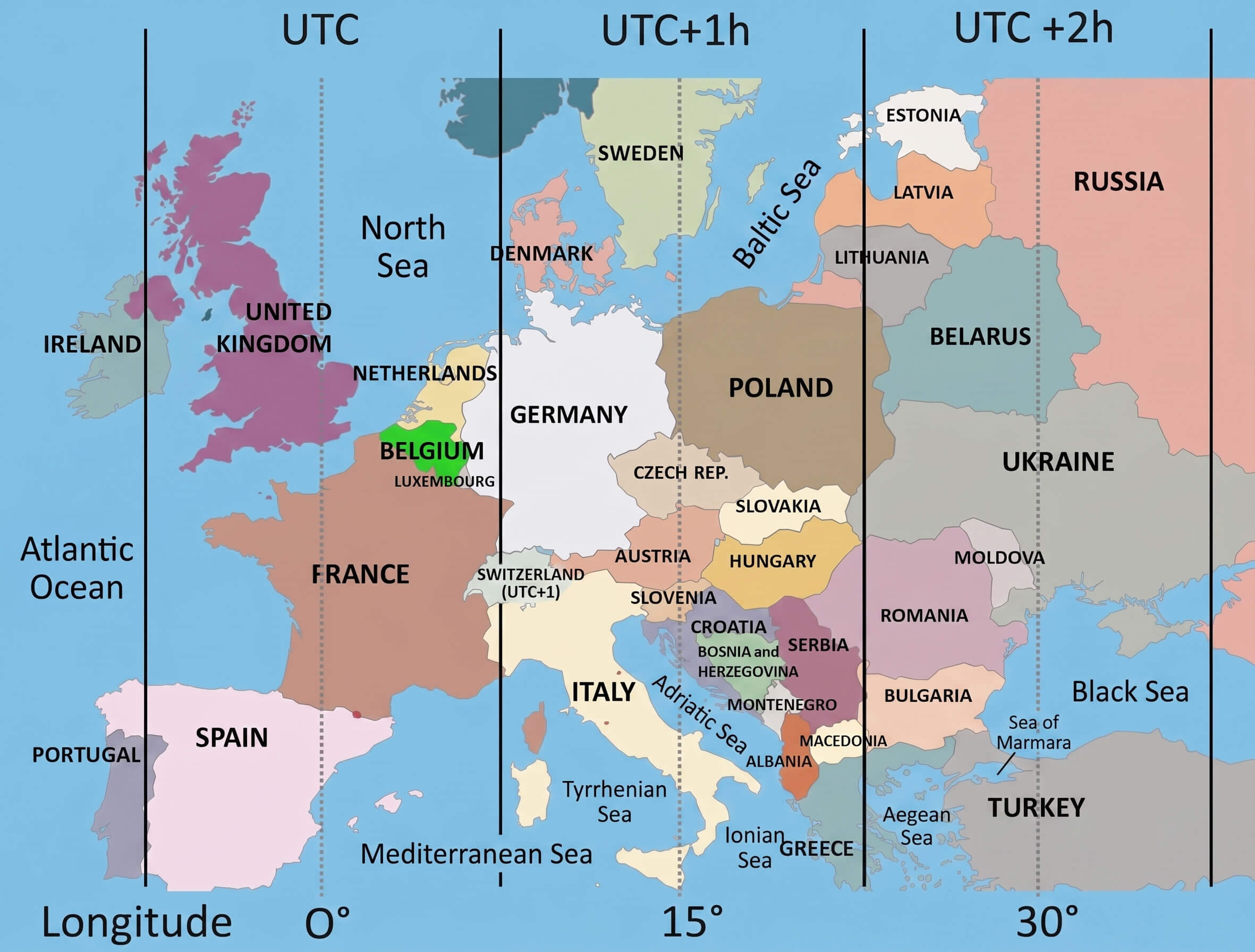 Switzerland UTC +1 time zone map