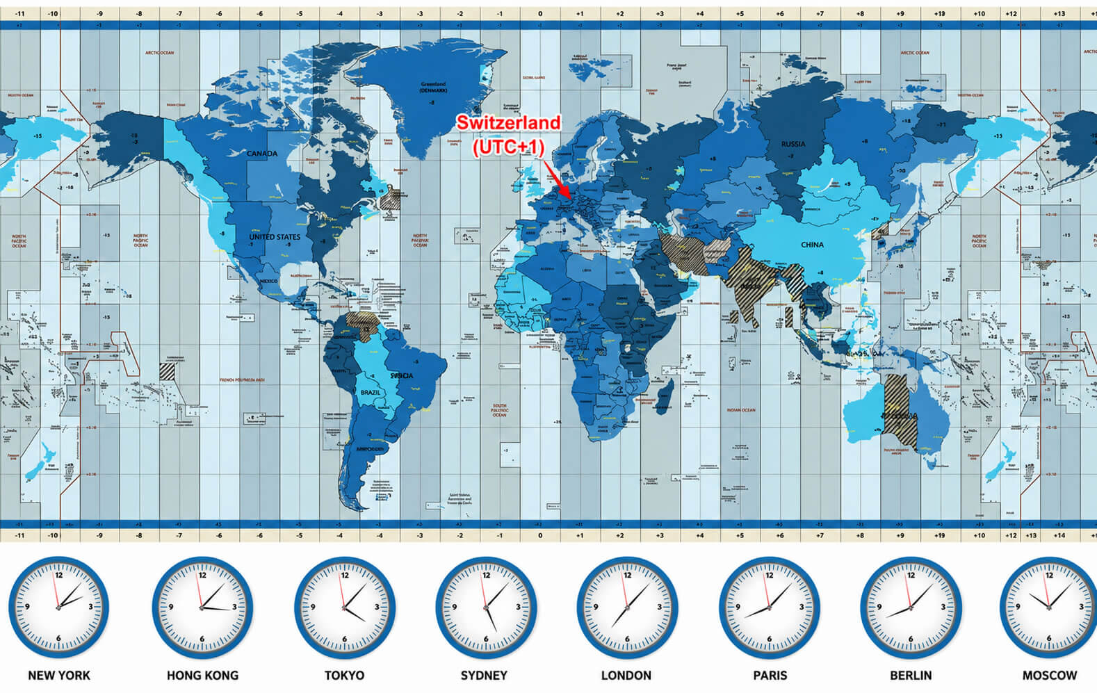 World time zones map with Switzerland