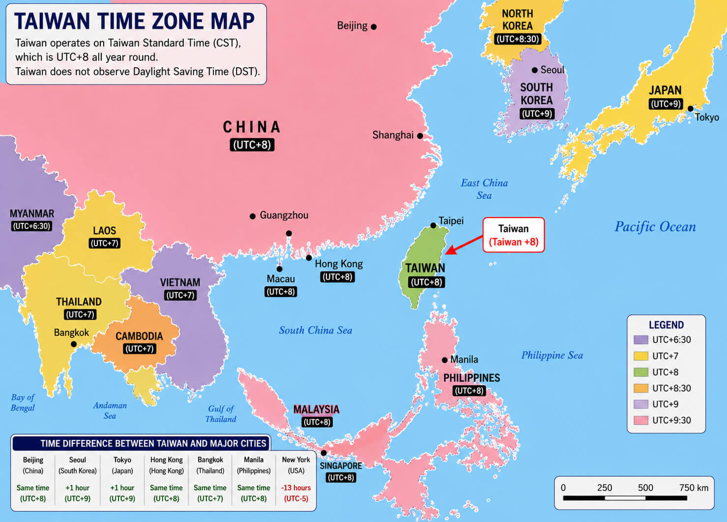 Asia time zone map with Taiwan