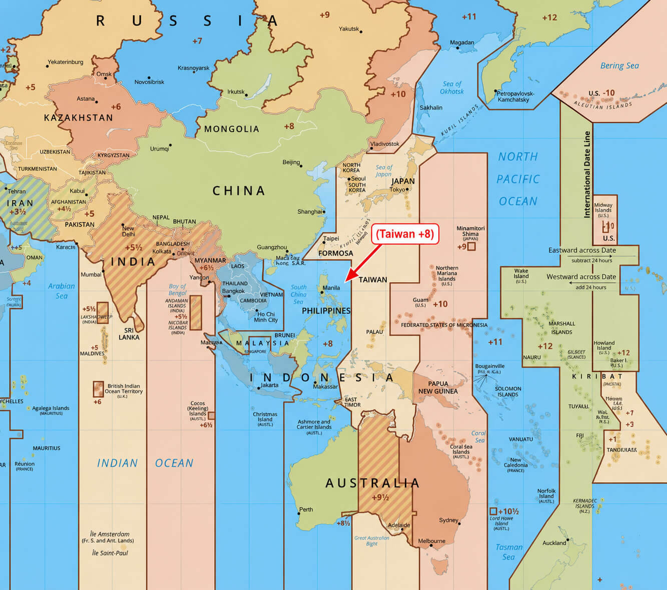 Asia UTC time zone map with Taiwan