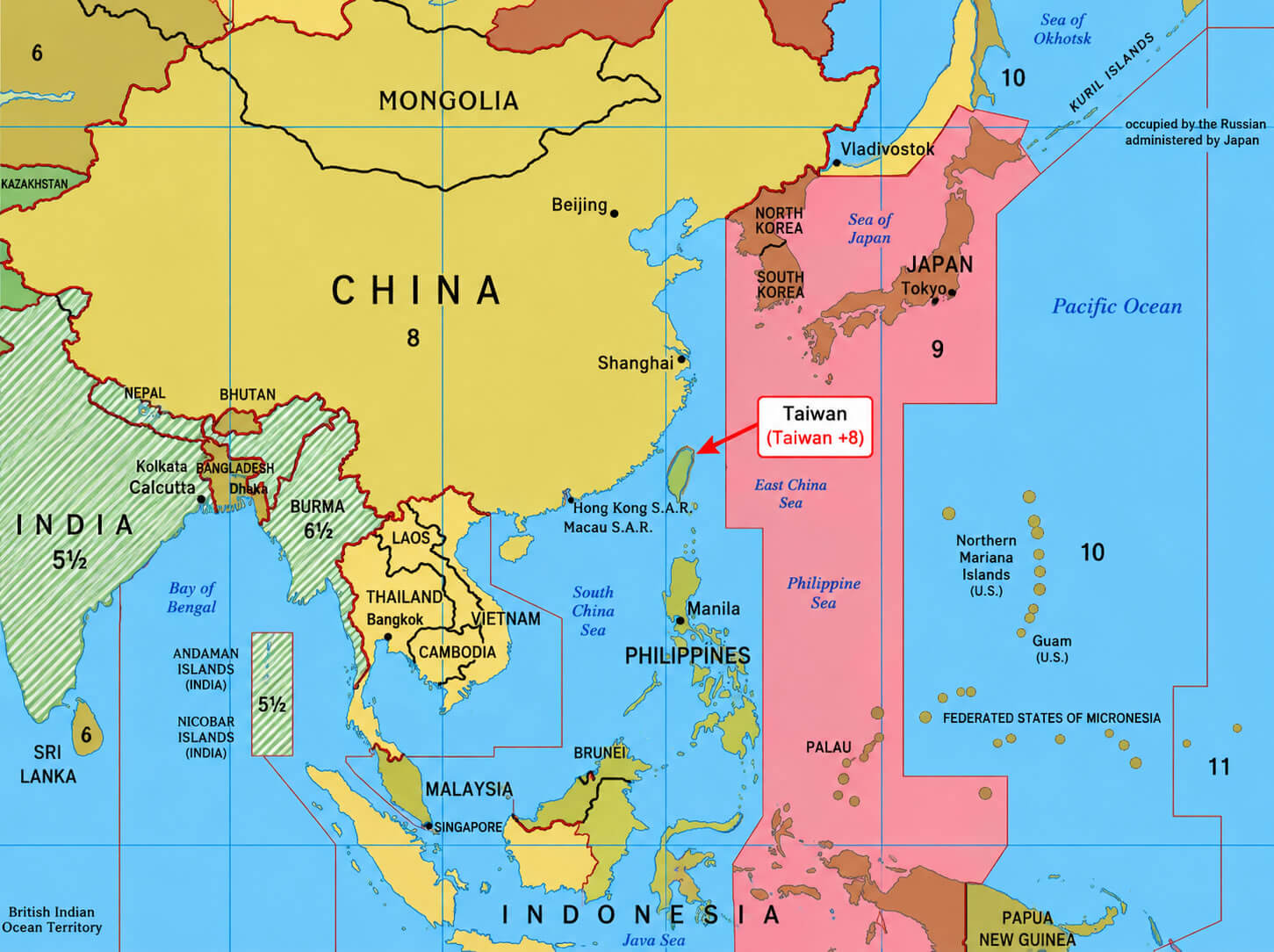 East Asia time zone map with Taiwan