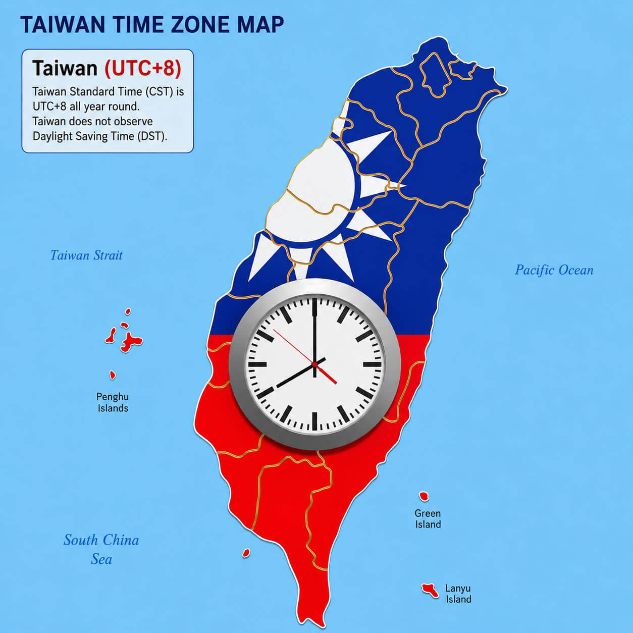 Taiwan UTC +8 time zone map