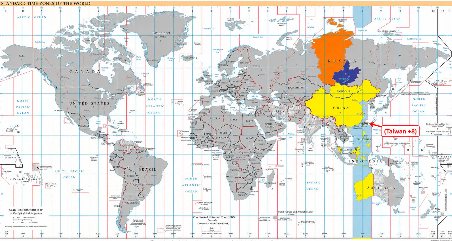 World map with Taiwan time zone