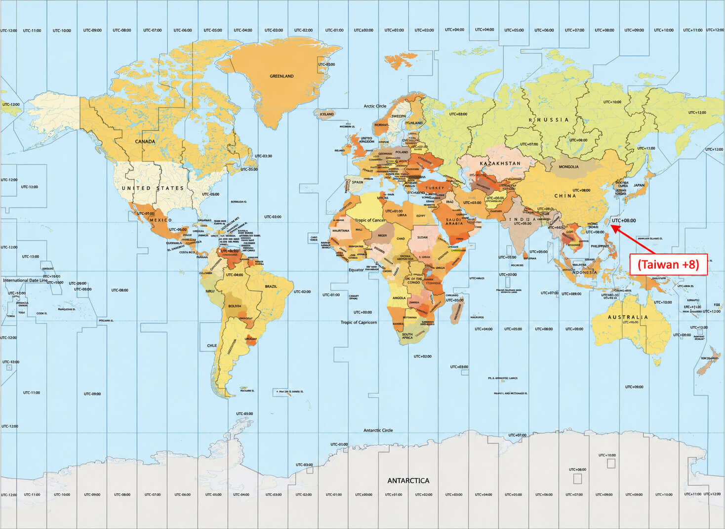 World time zone map with Taiwan