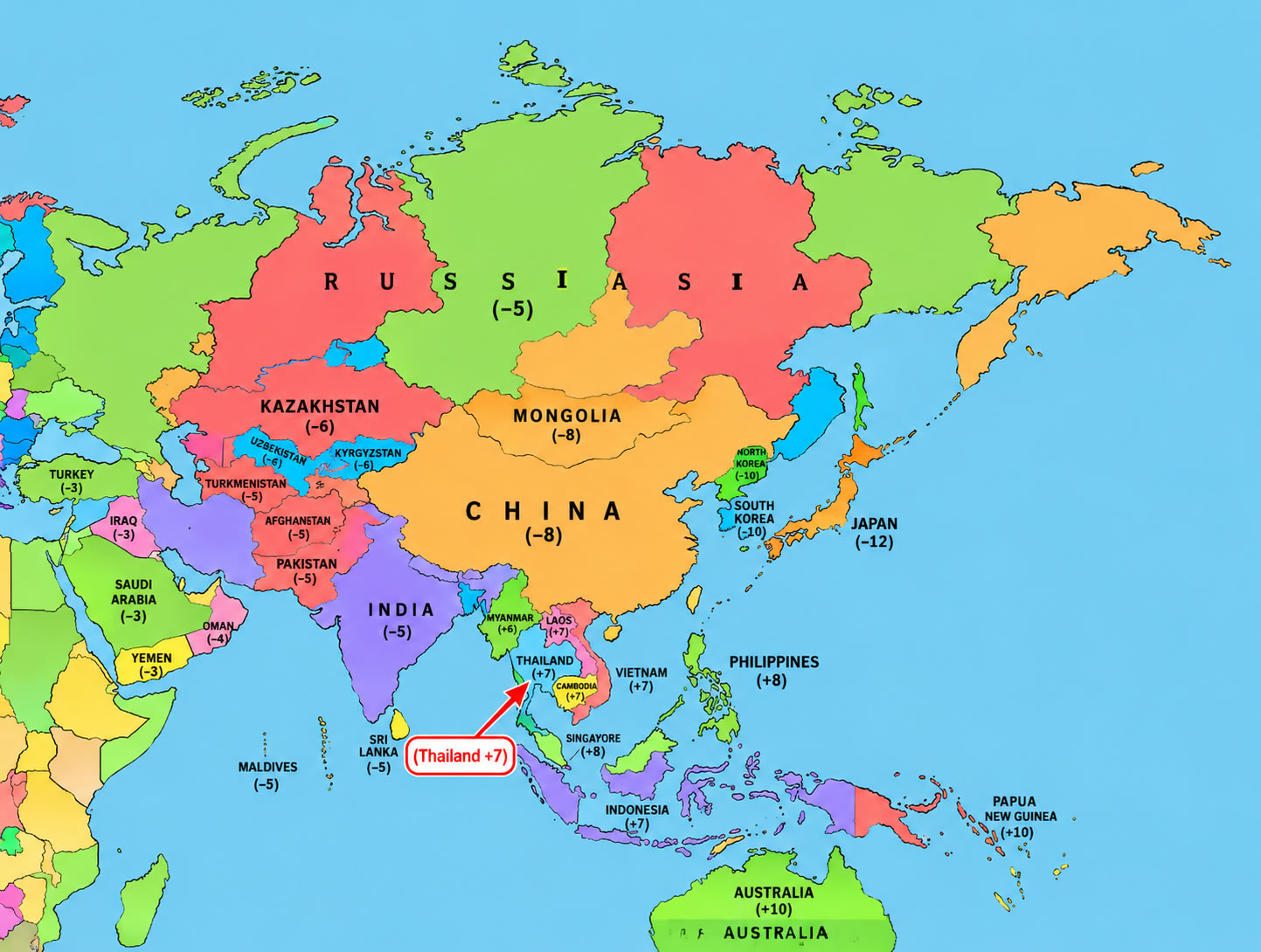 Asia time zone map with Thailand