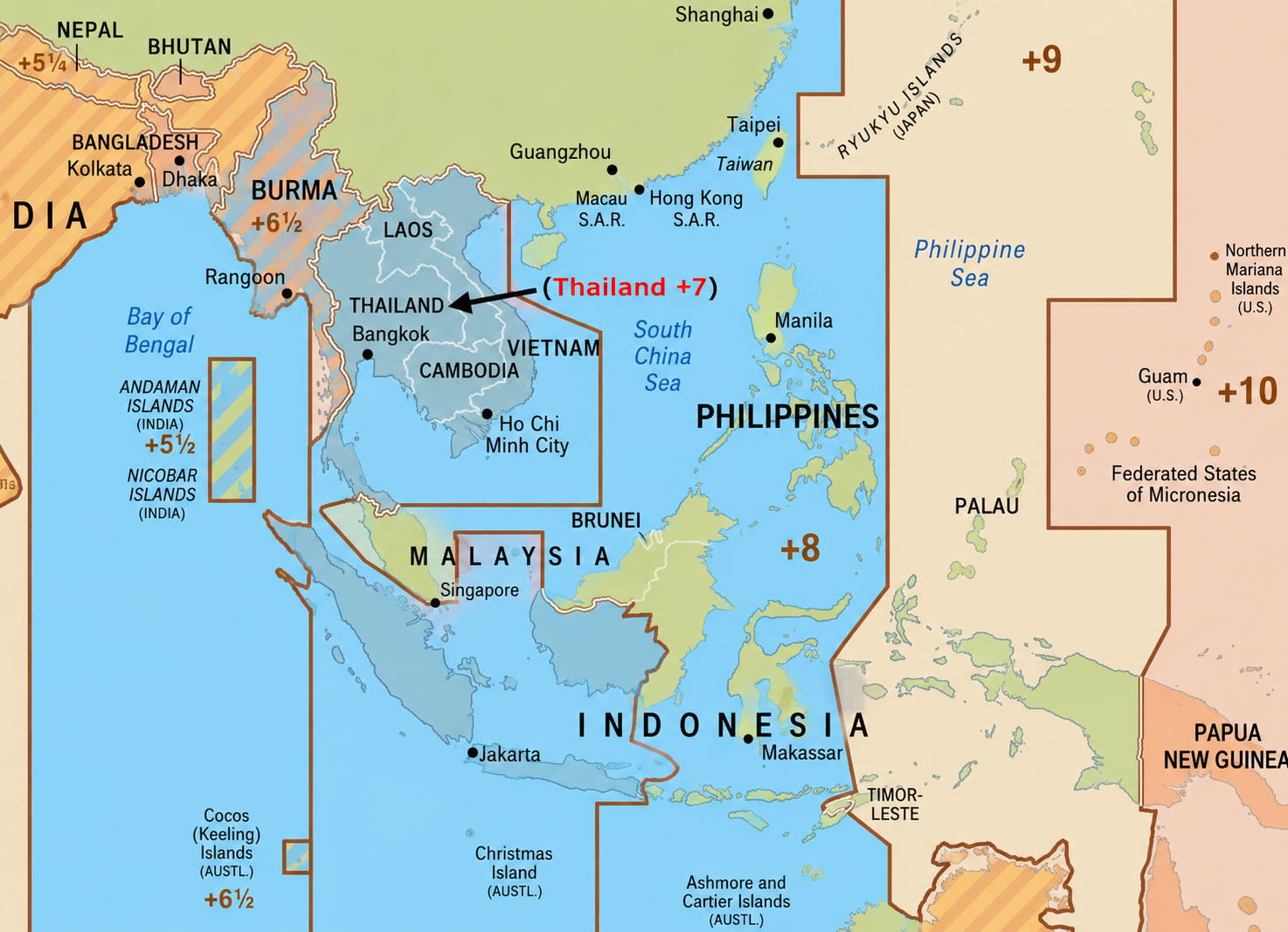 Asia time zones map with Thailand