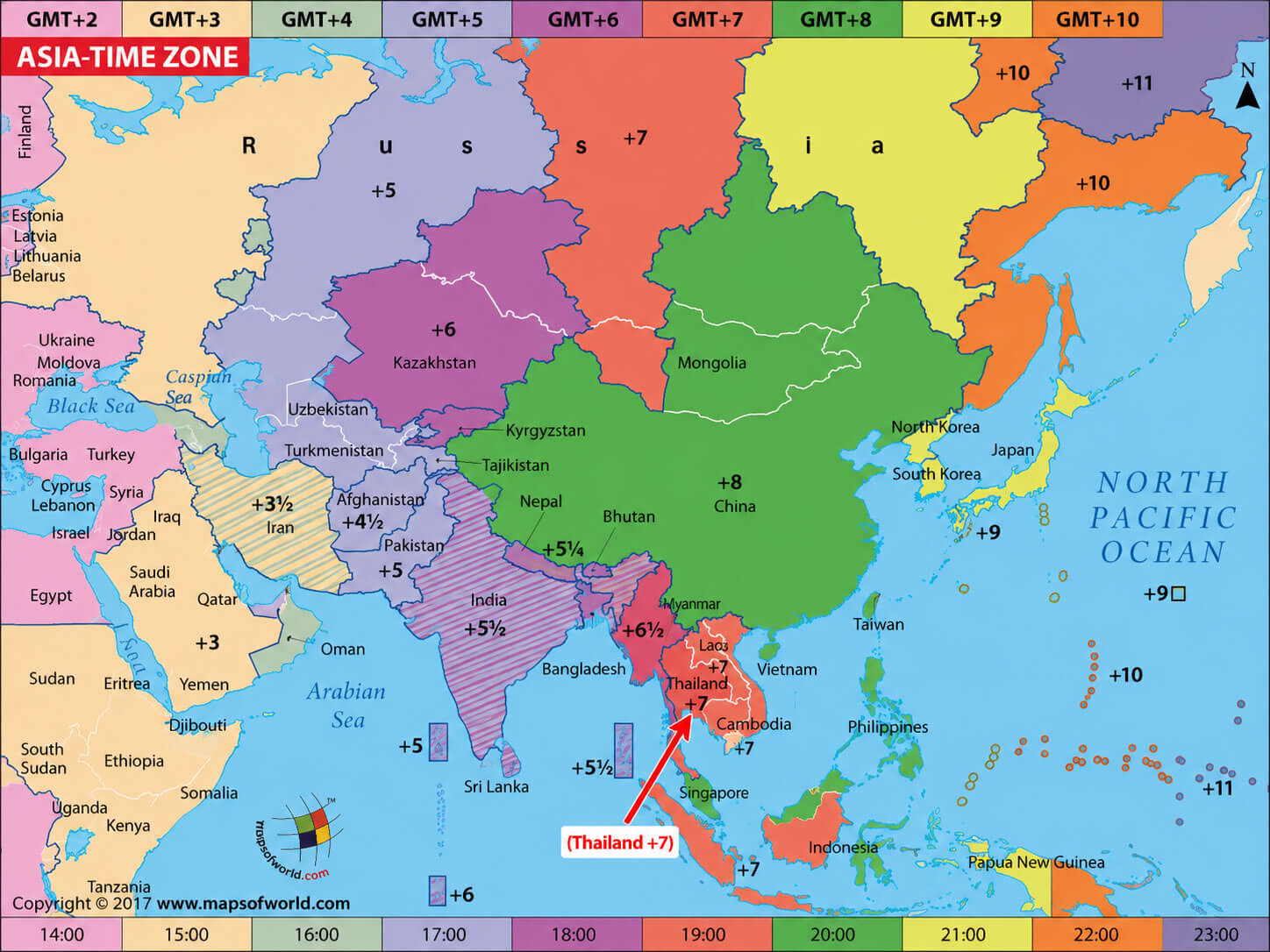 Asia utc time zone map with Thailand