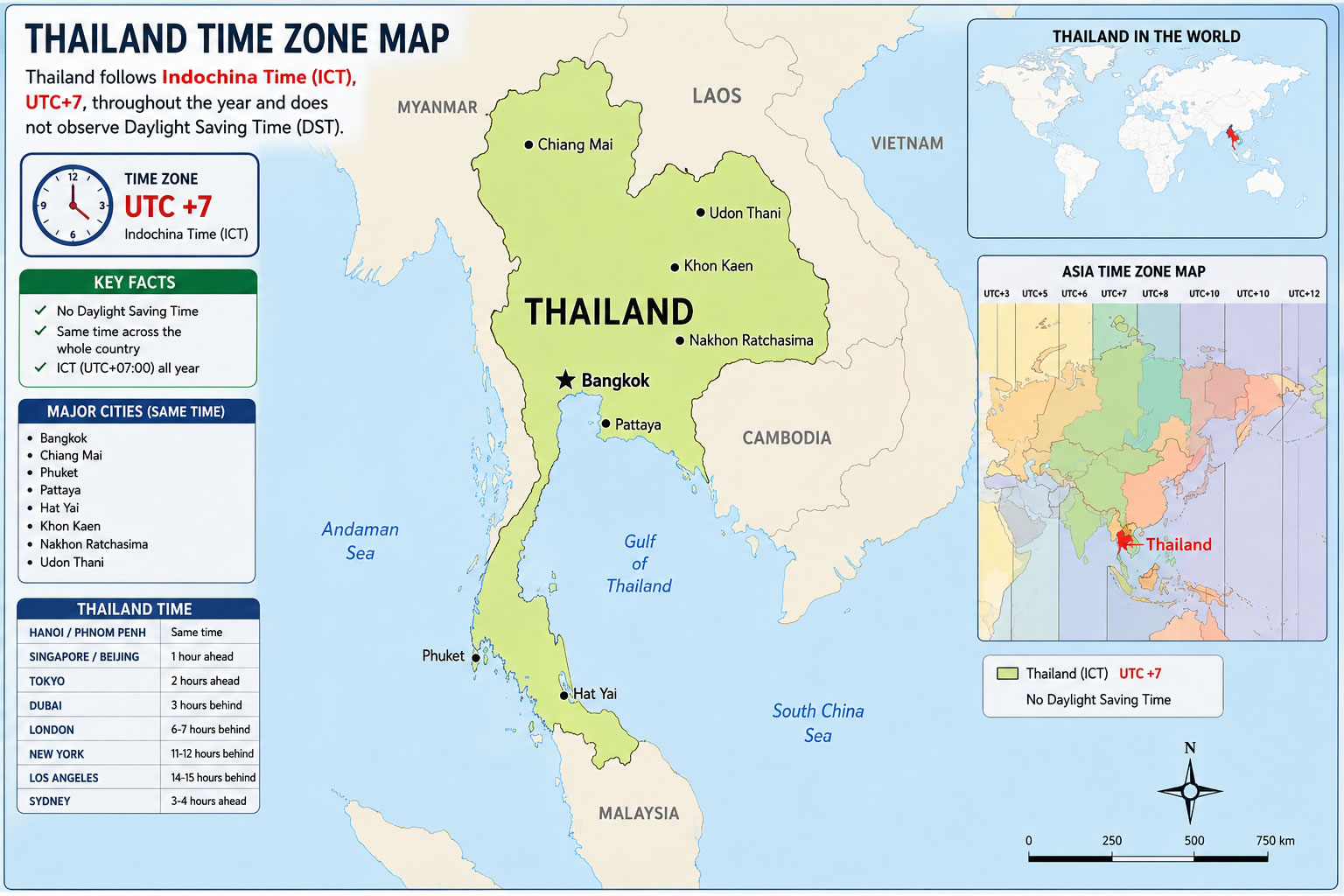 Thailand country time zone map