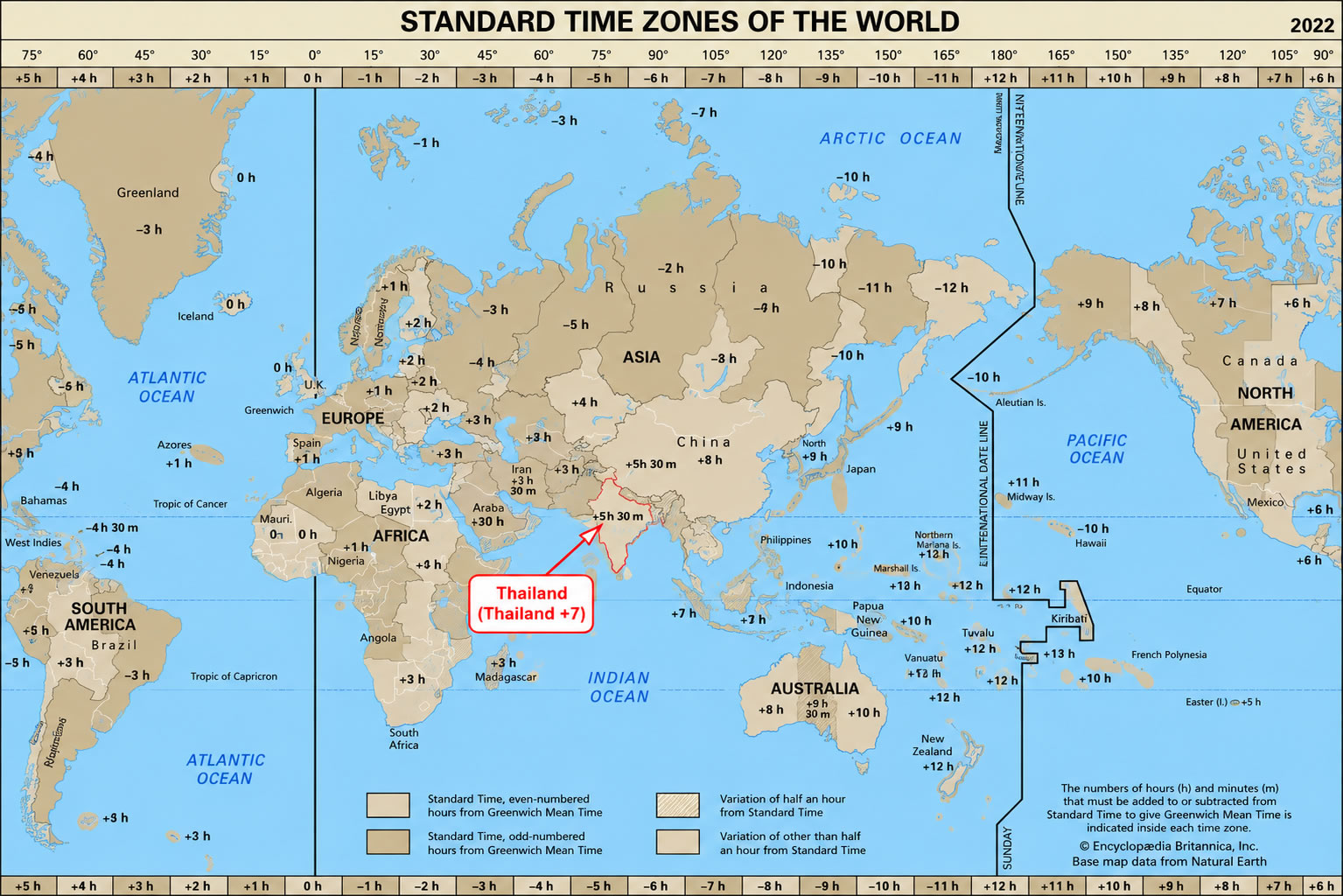 World time zone map with Thailand
