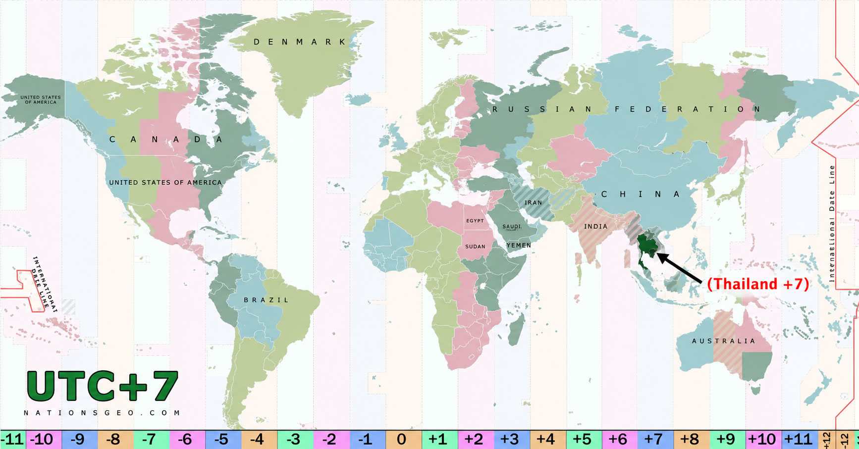 World UTC +7 time zone map with Thailand