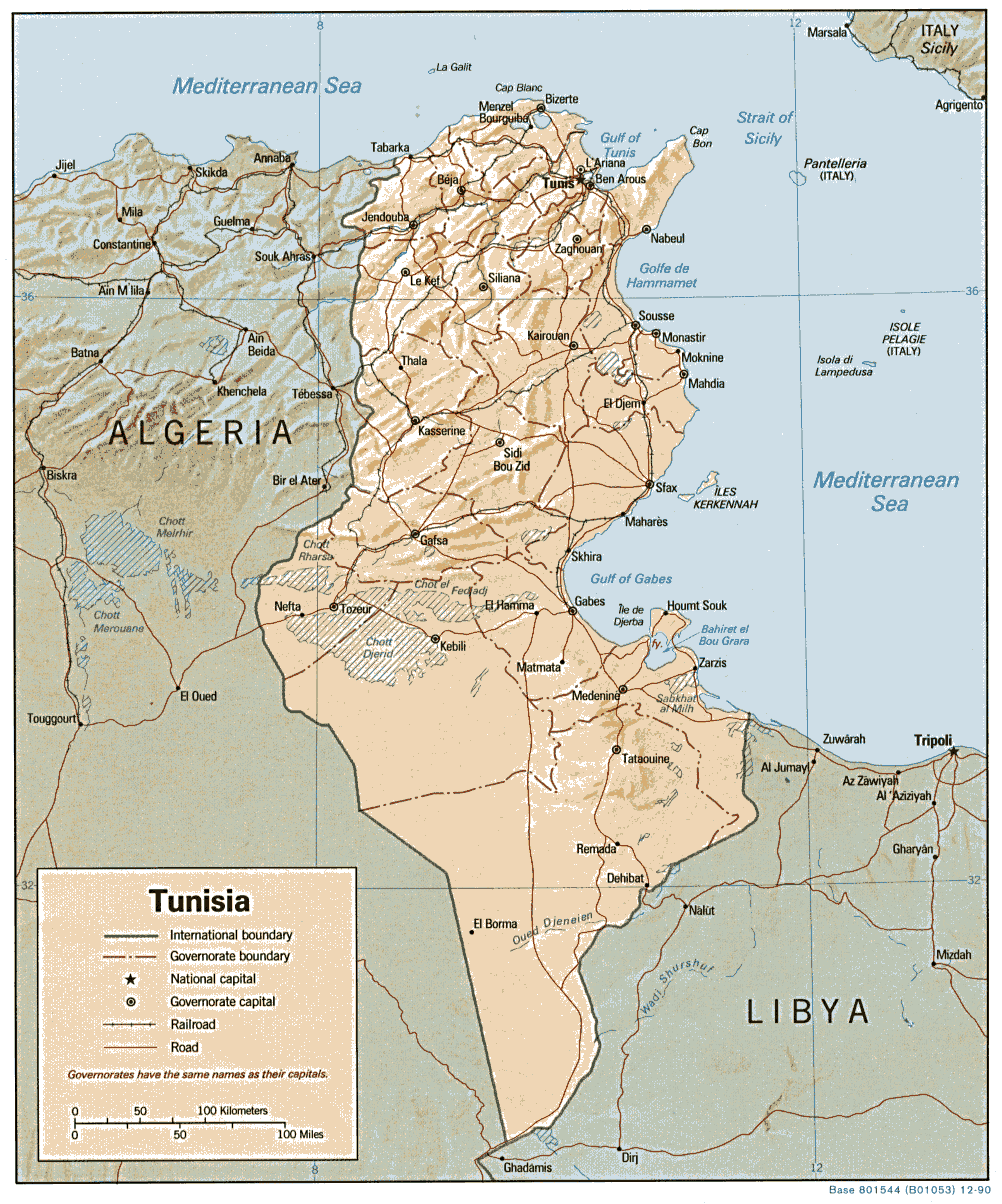 Tunisia Shaded Relief Map 1990
