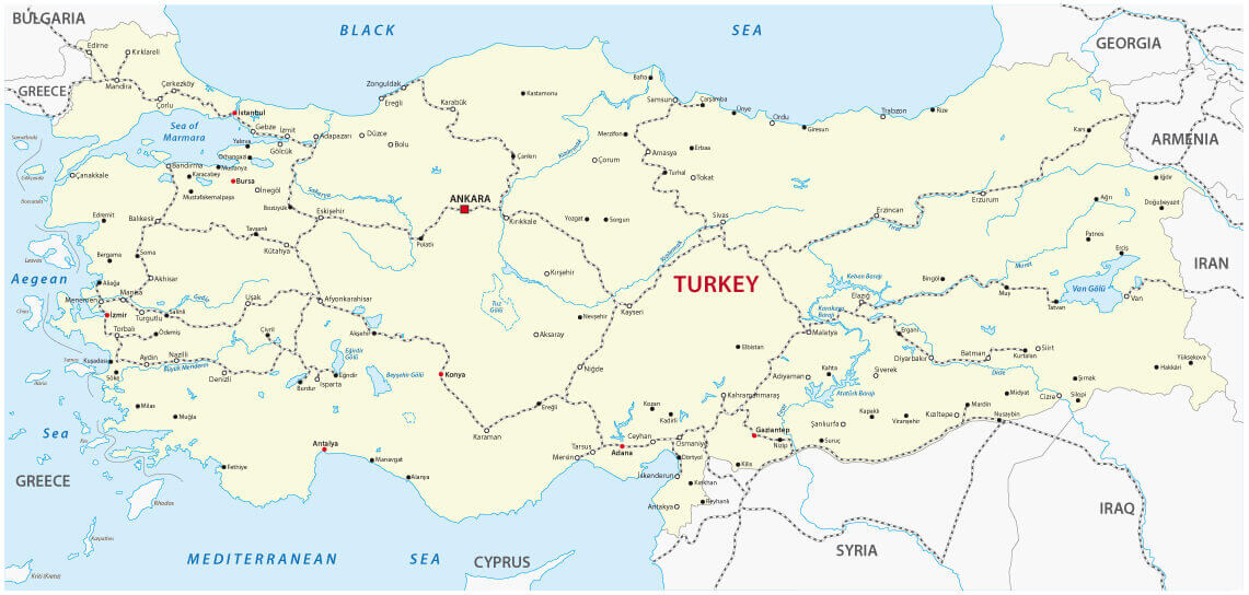 Turkey Railroad Map with cities