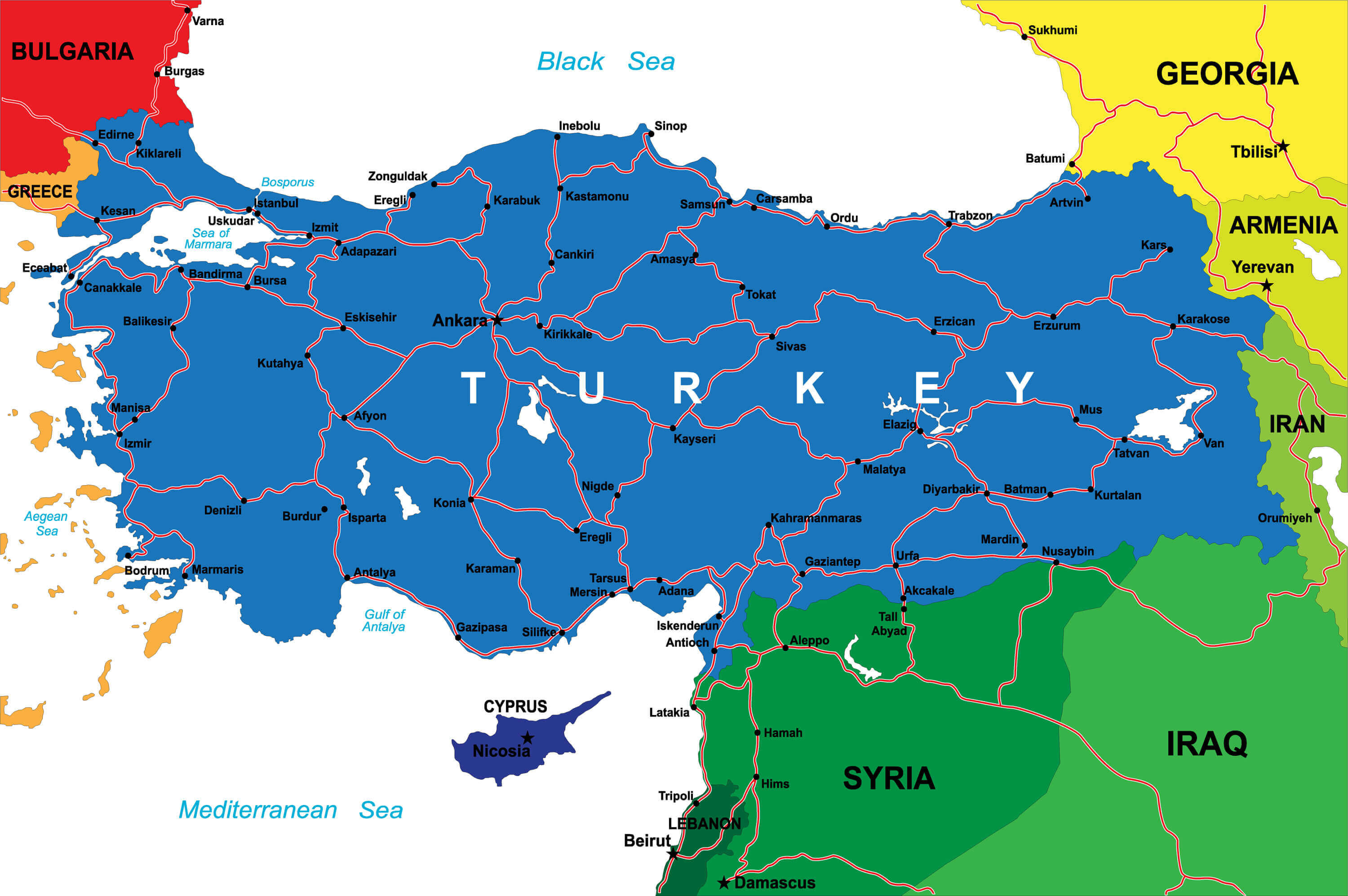 Turkey Road Map with National Borders.