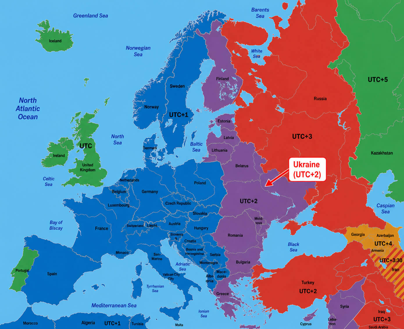 Europe time zone map with UTC offsets
