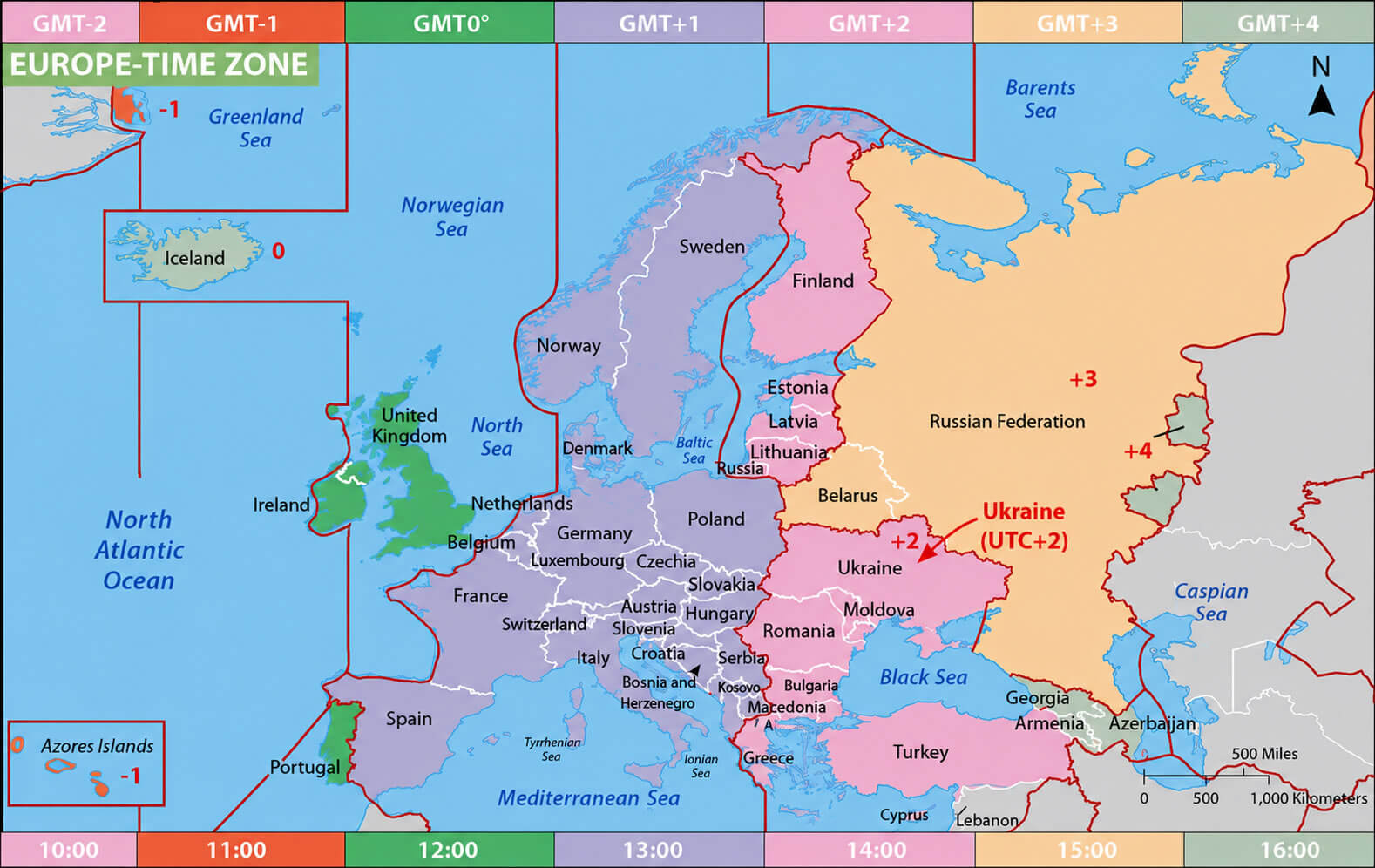 Ukraine on Europe time zone map
