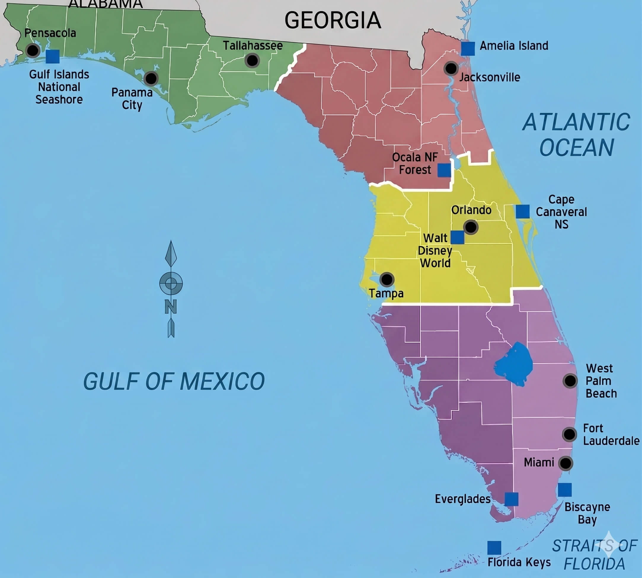 Florida regions colored map