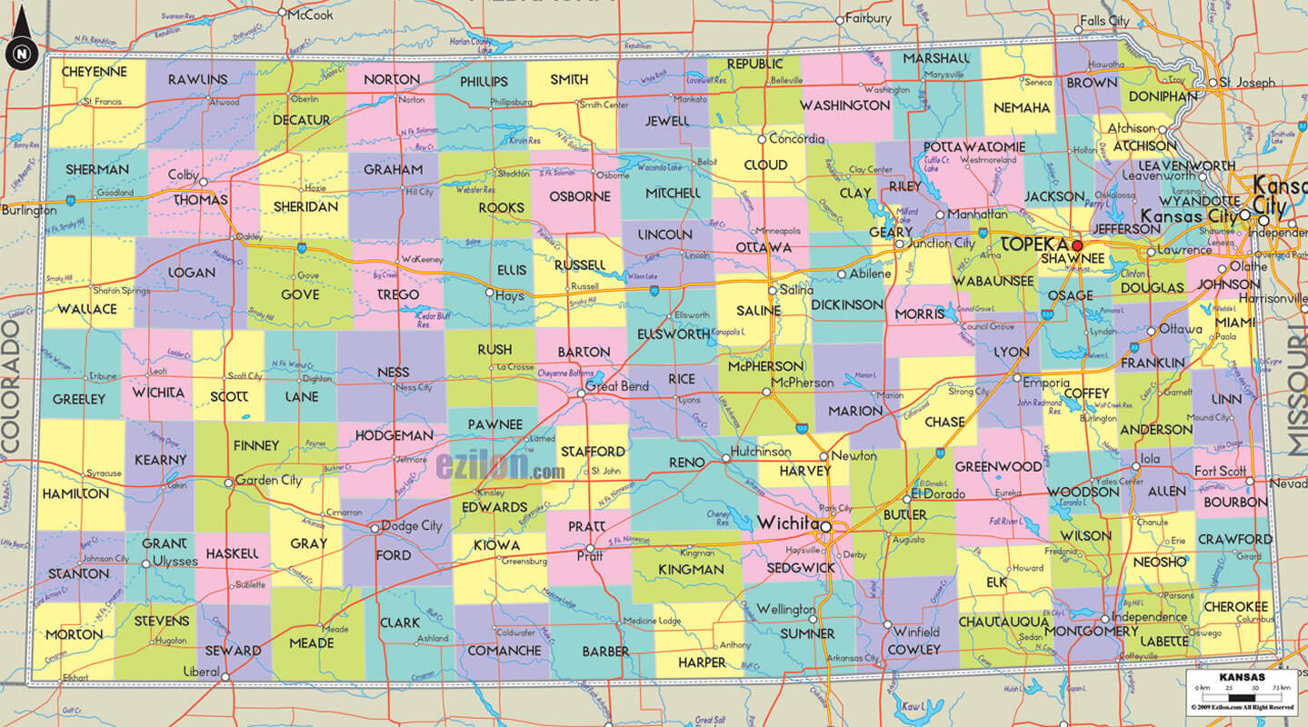 Kansas Counties Road Map USA