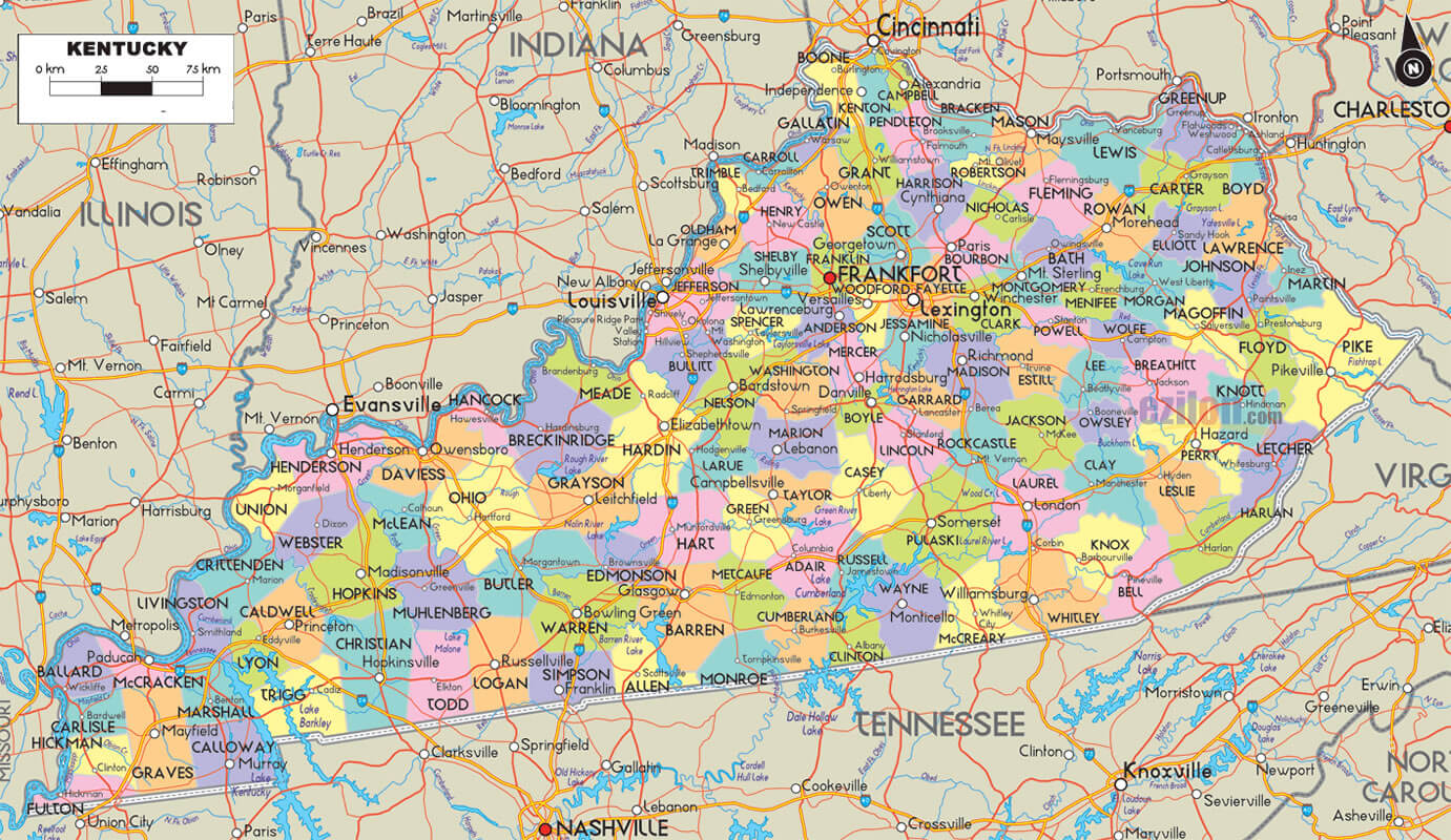 Kentucky Counties Road Map USA
