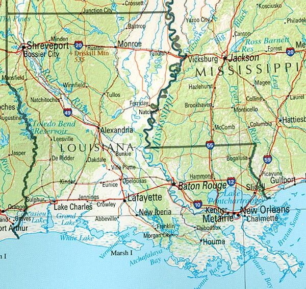 Physical Map of Louisiana