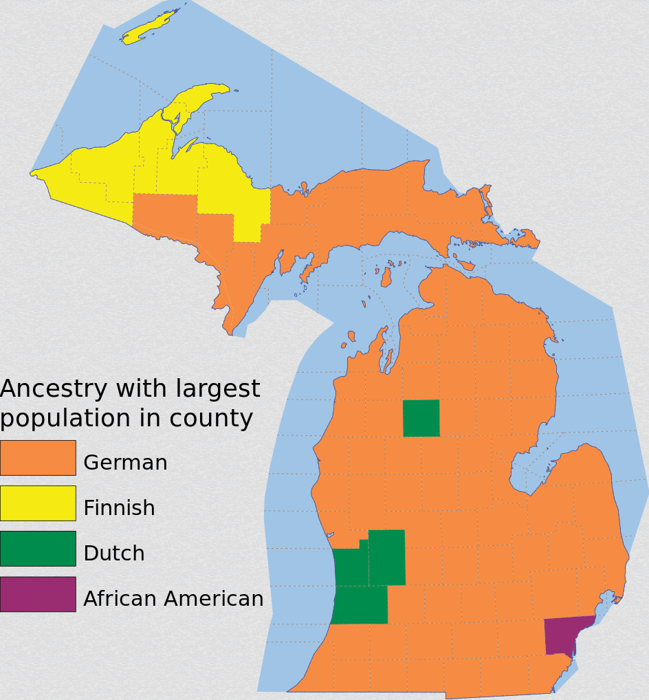 Michigan Ancestry Largest Population Map