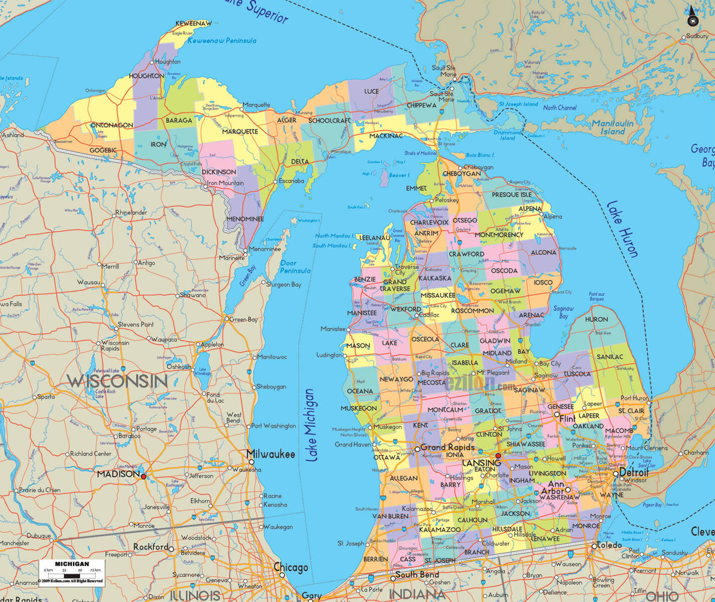 Cities of Michigan Map