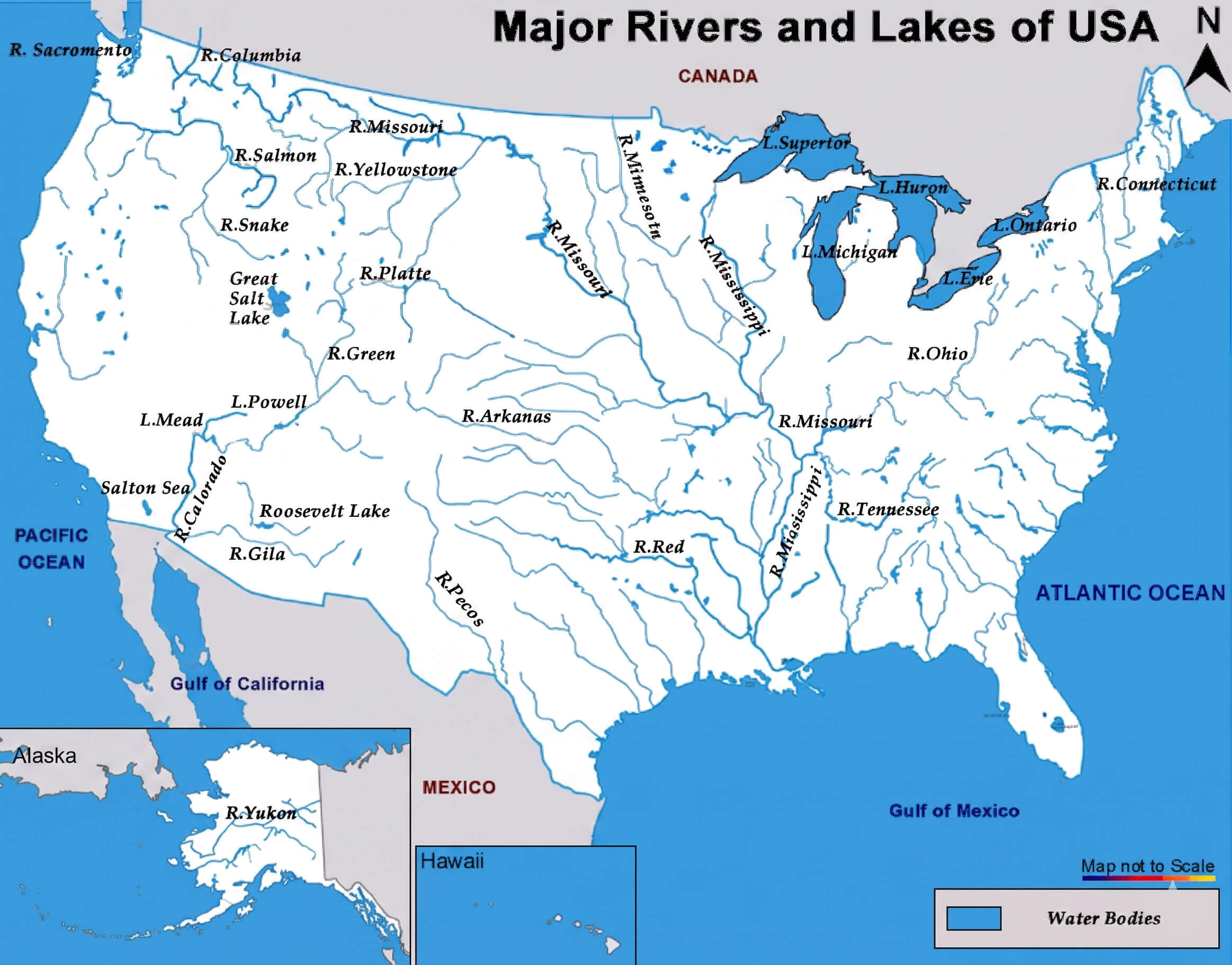 USA major rivers and lakes map