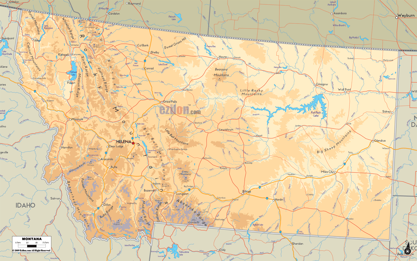Montana Physical Map United States
