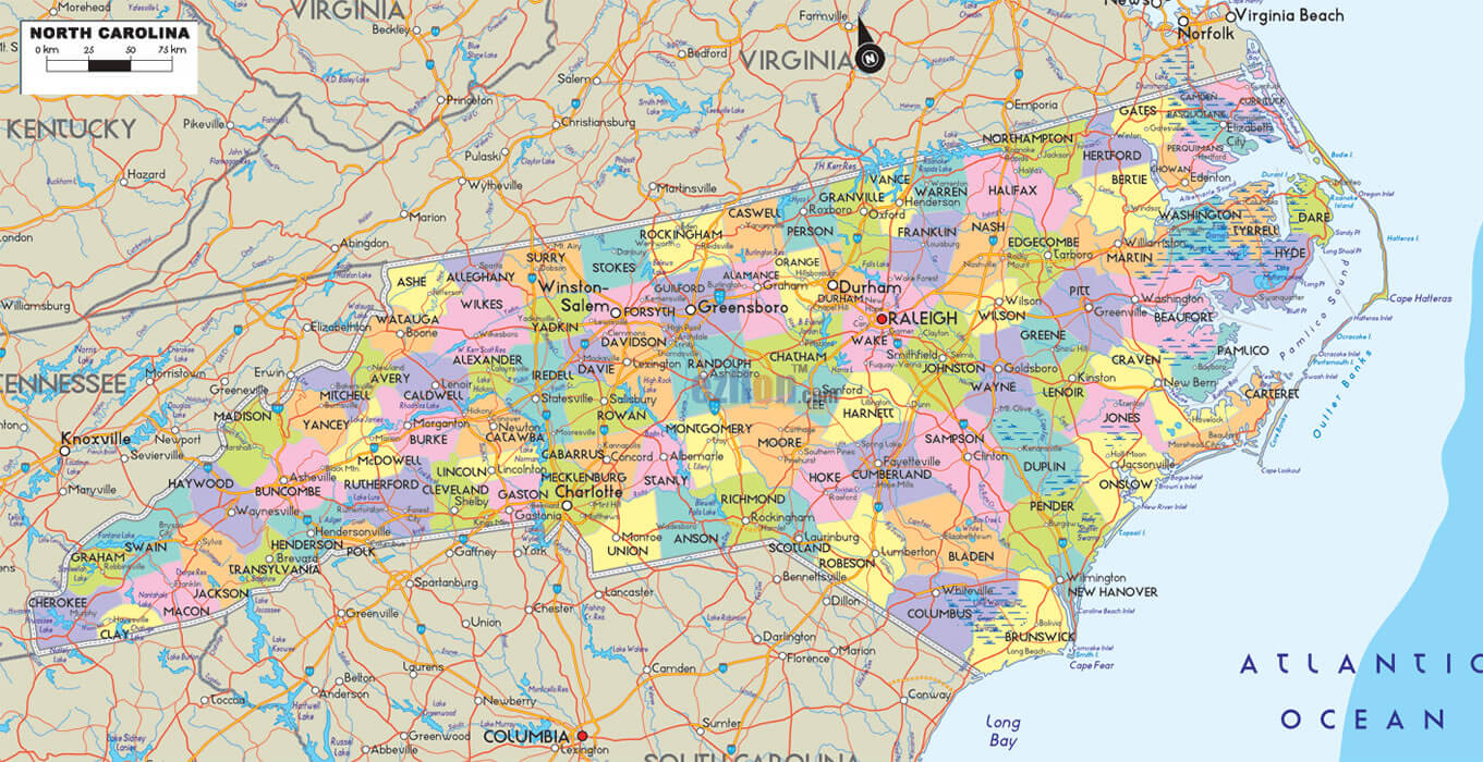 North Carolina Counties Road Map USA