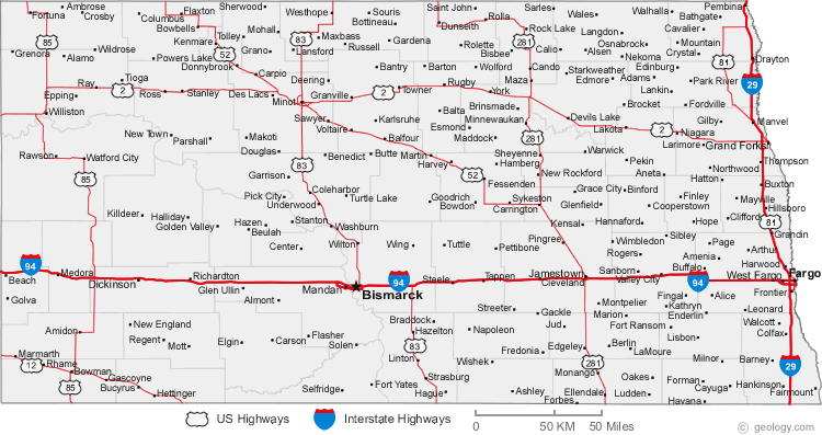 Road Map of North Dakota