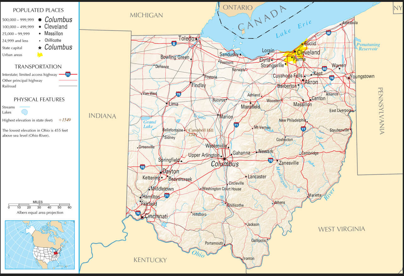 State Map of Ohio, USA