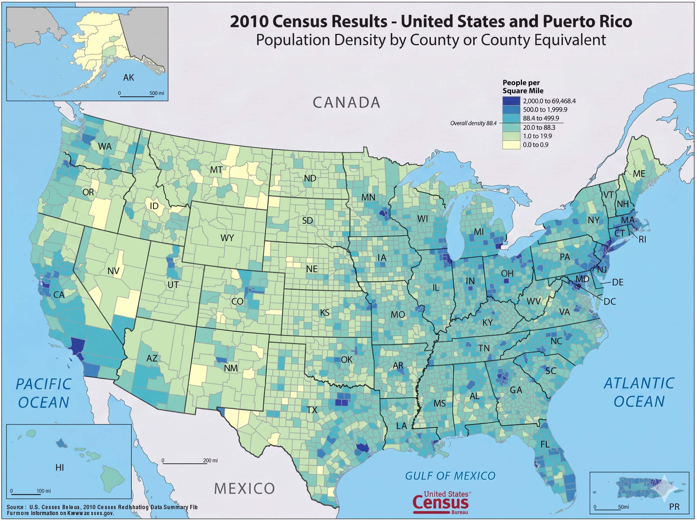 US population density by county 2010 census map
