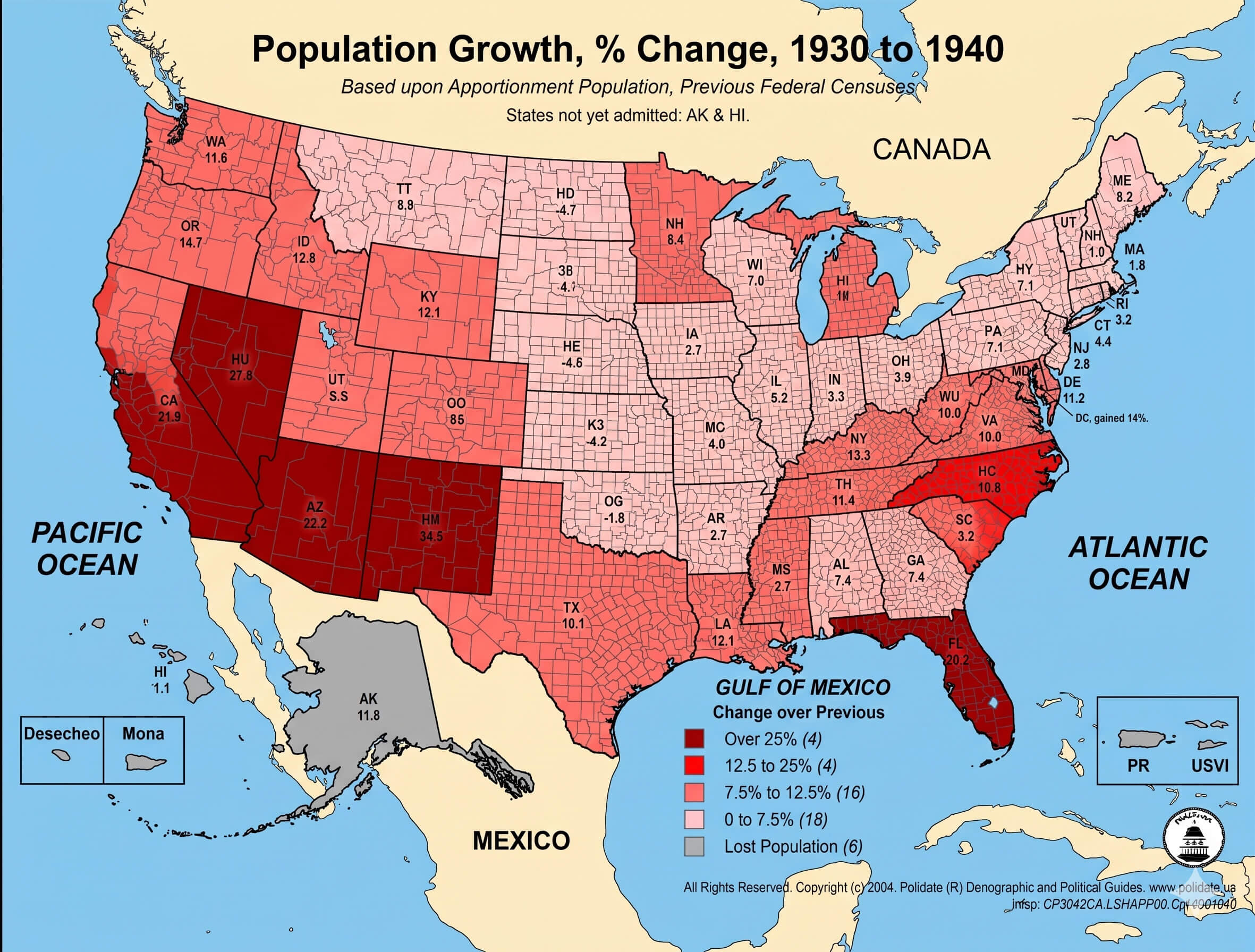 US population growth 1930 to 1940 map