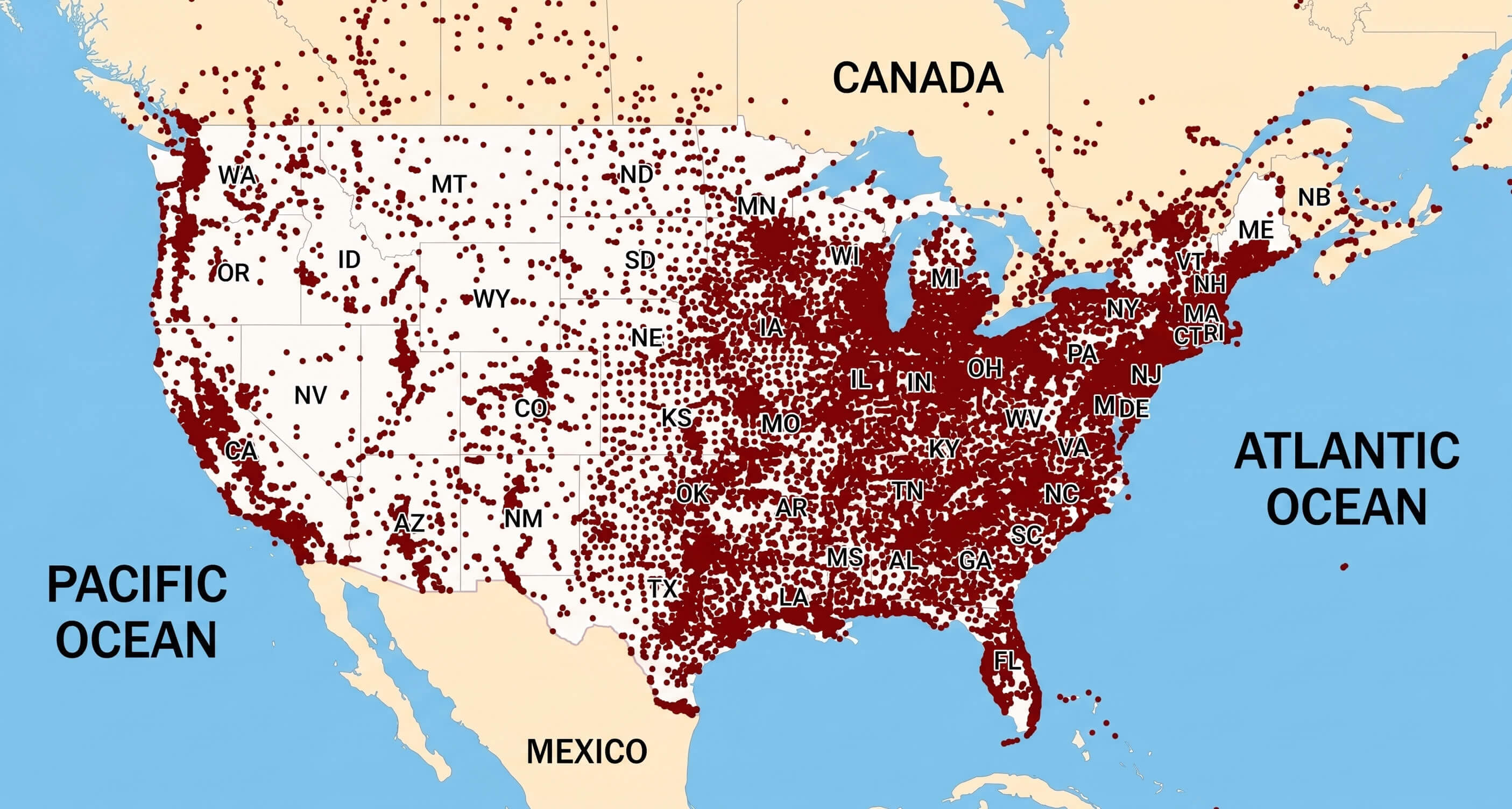 USA population density dot map East Coast heavy