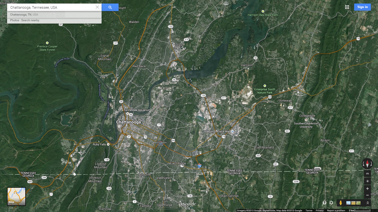 chattanooga map tennessee us satellite
