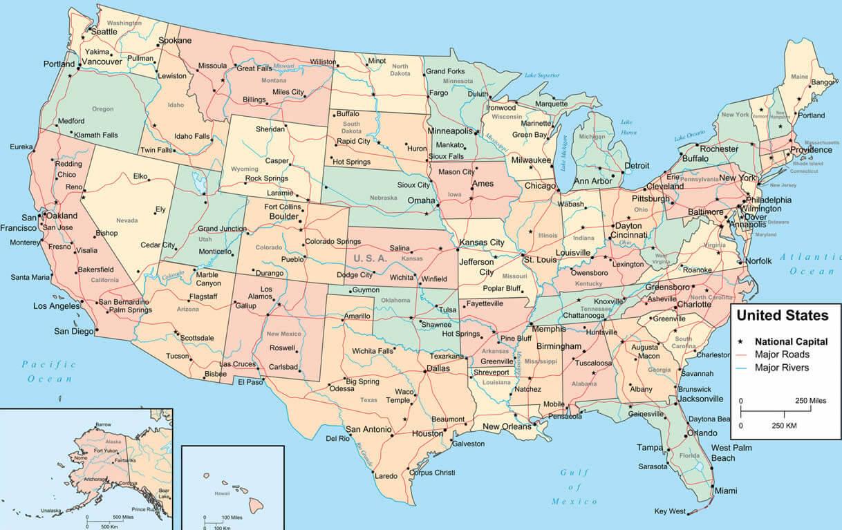 United States Major Capital Cities Map