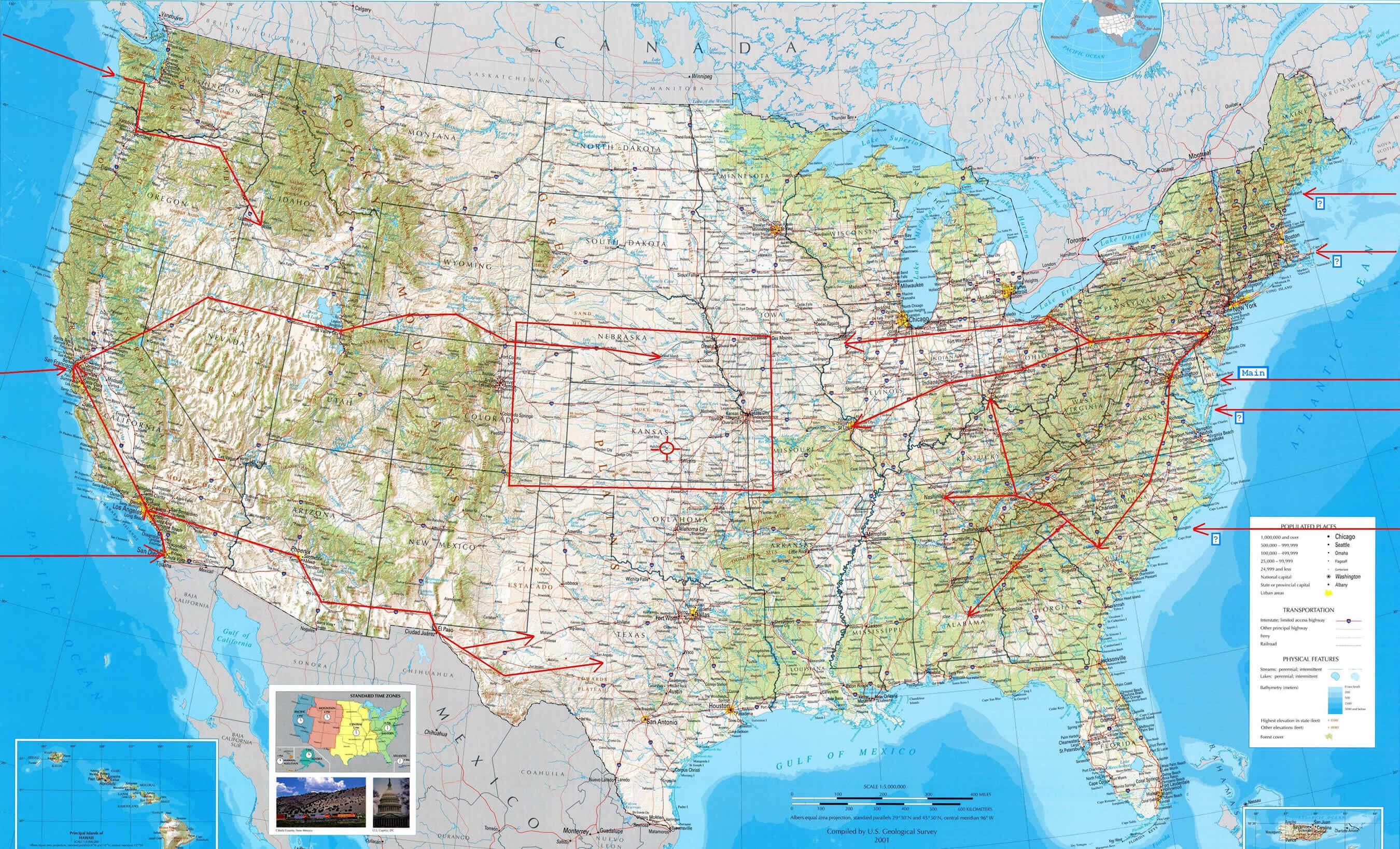 USA Population Transportation Physical Map