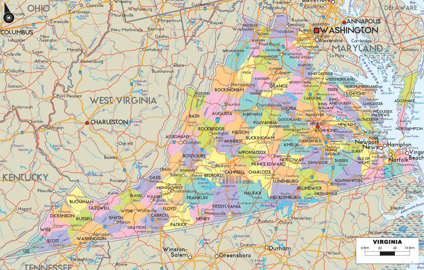 Virginia Counties Road Map USA