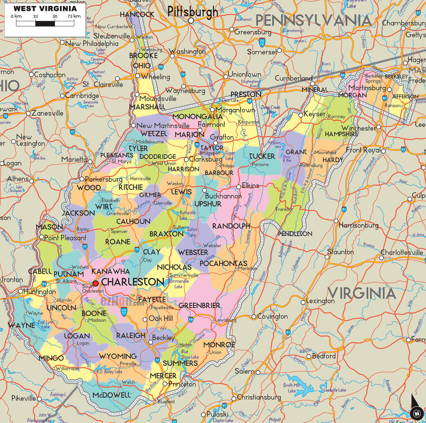 West Virginia Counties Road Map USA