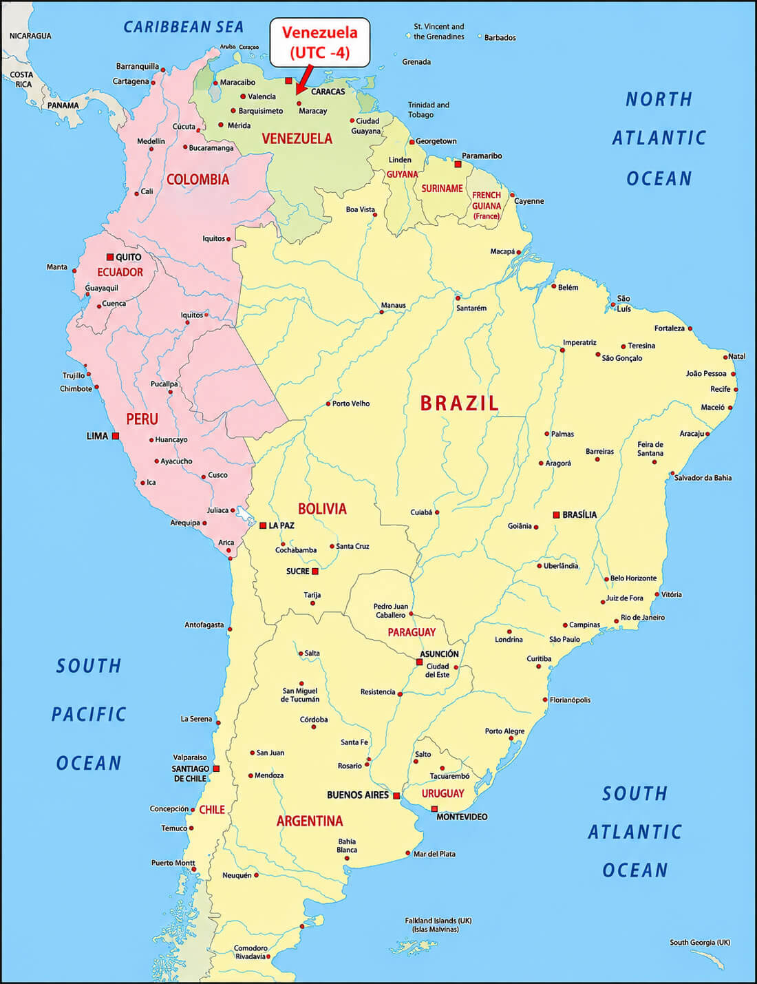 South America time zone map with Venezuela