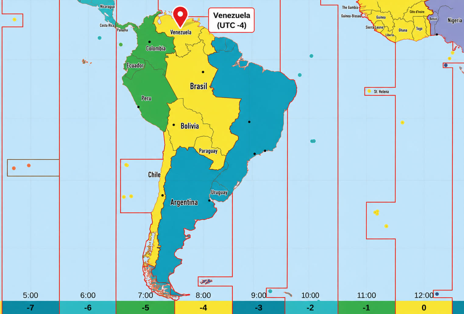 South America UTC time zone map Venezuela