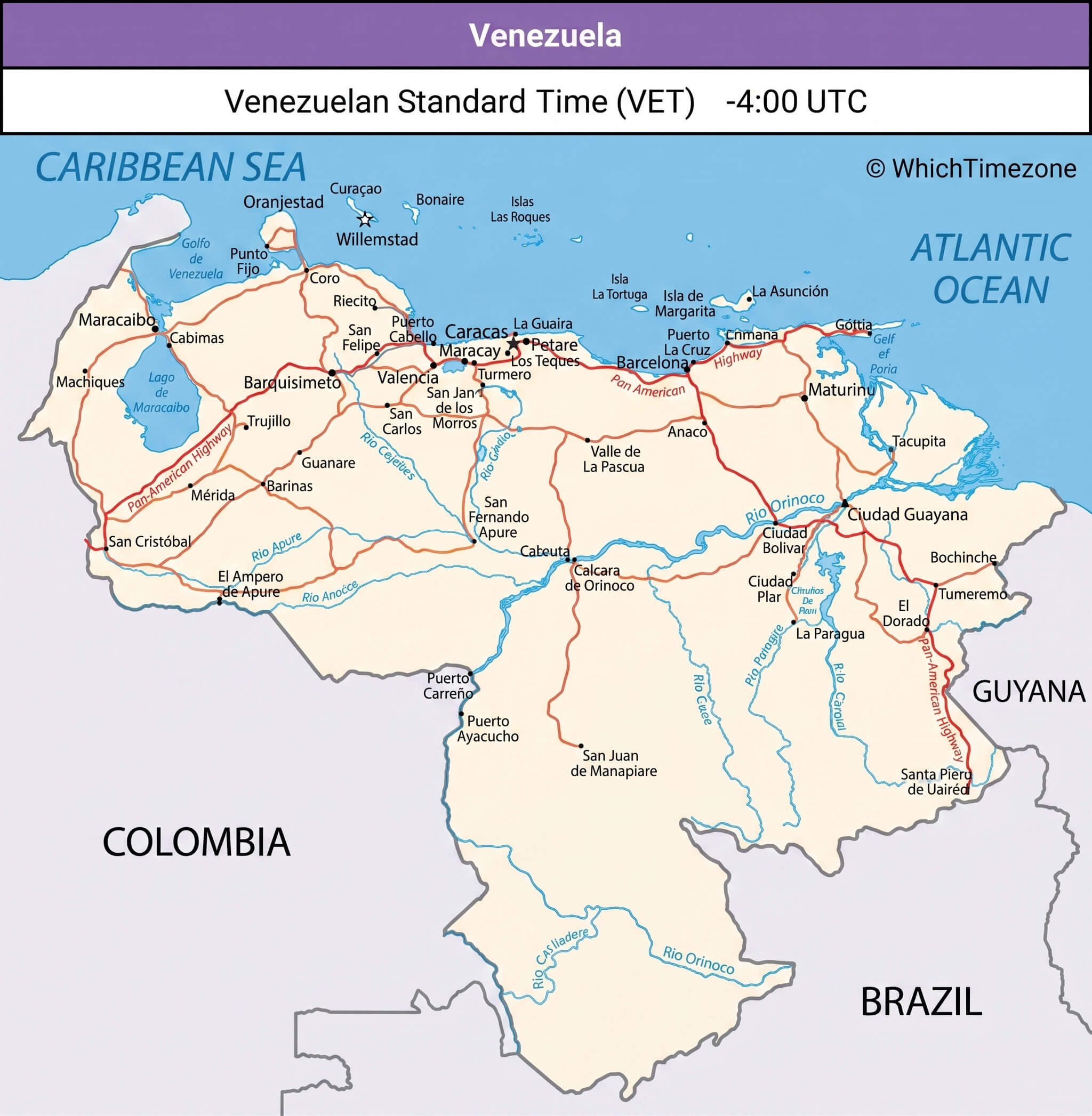 Venezuela standard time UTC -4 map