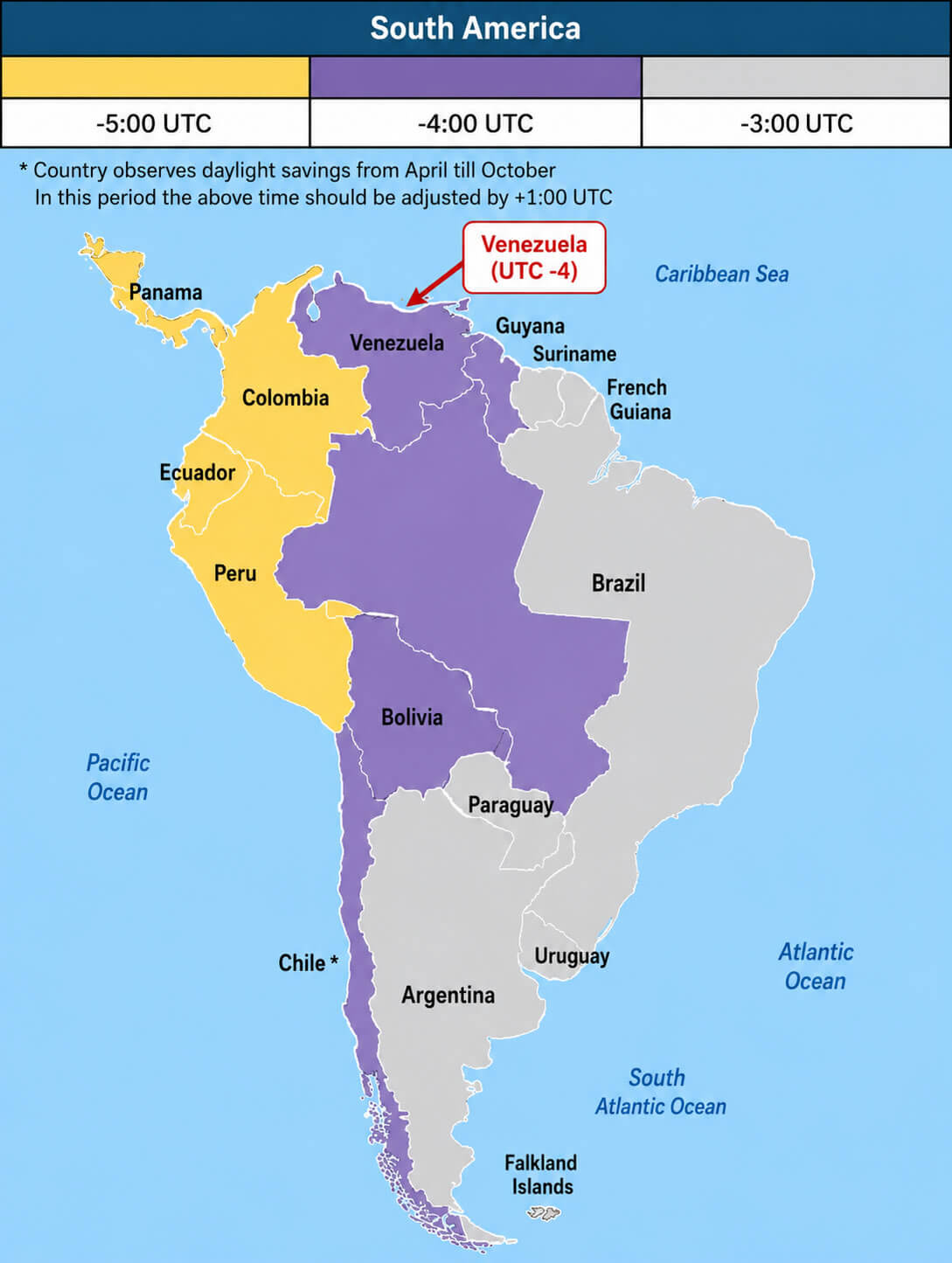 Venezuela time zone in South America map