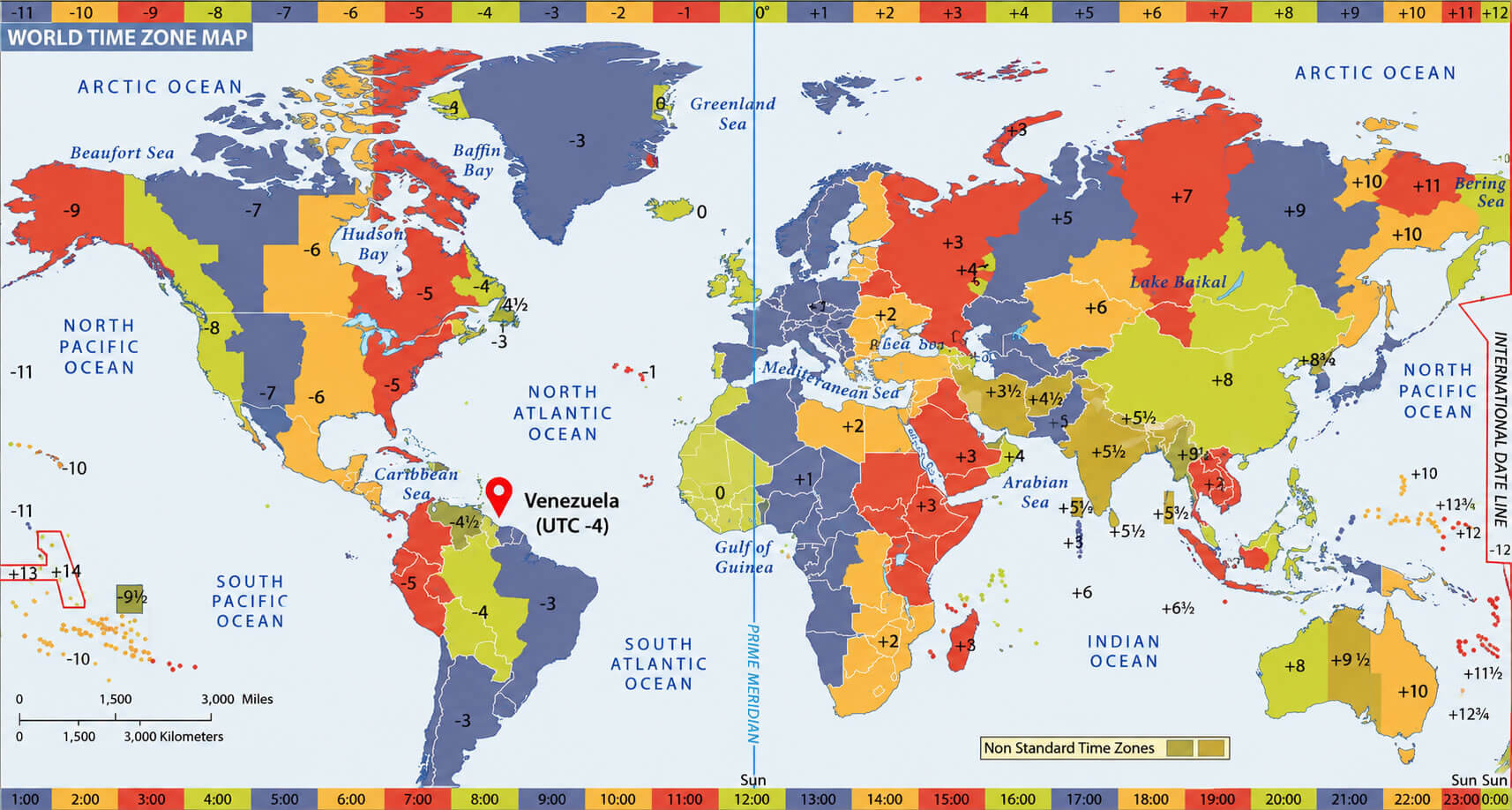 World time zone map with Venezuela