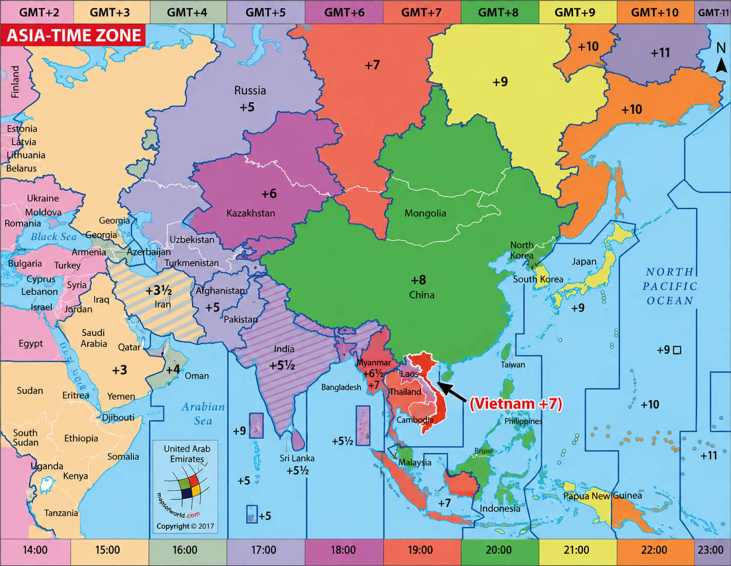 Asia time zone map with Vietnam