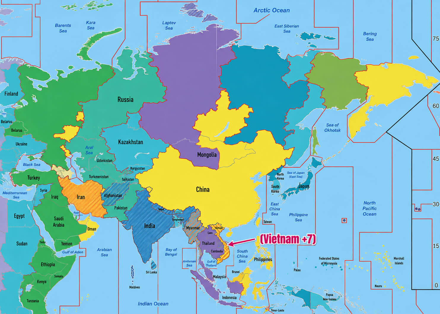 Asia UTC time zone map with Vietnam