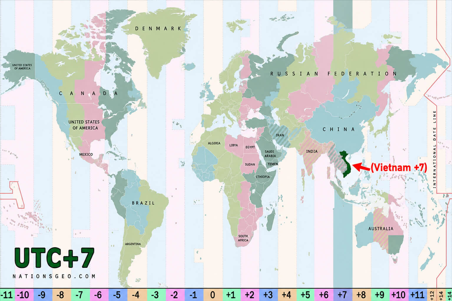 World UTC +7 time zone map with Vietnam