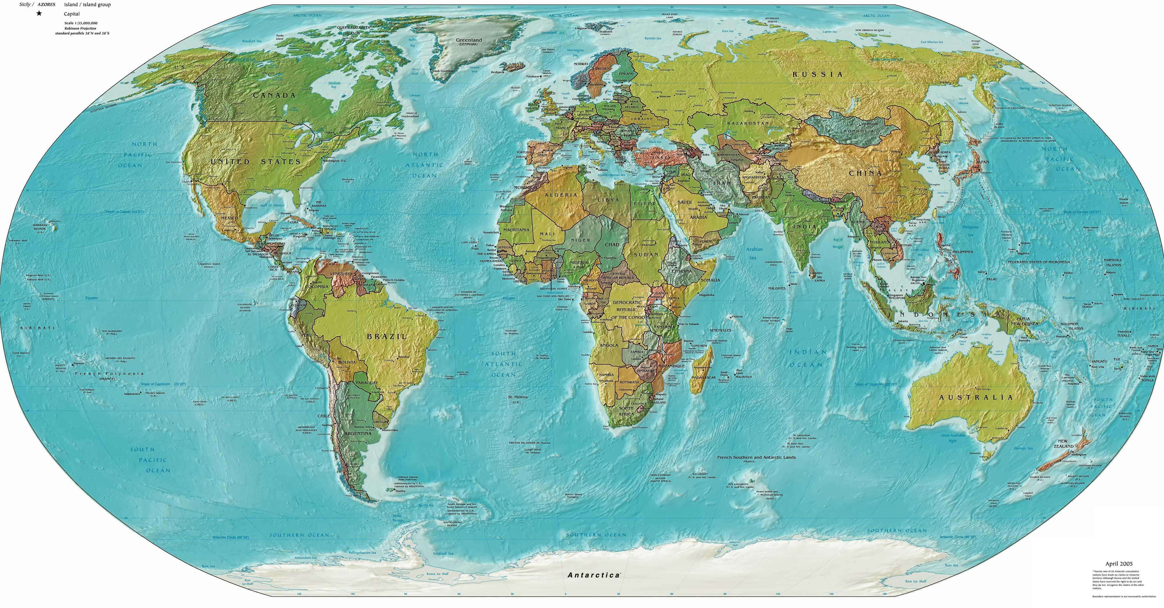 Large political physical map of the World